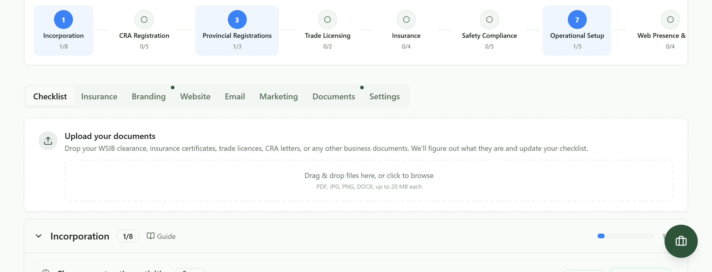 The document drop zone on the launch dashboard reading drop your WSIB clearance, insurance certificates, trade licences, CRA letters or any other business documents, and we will figure out what they are and update your checklist