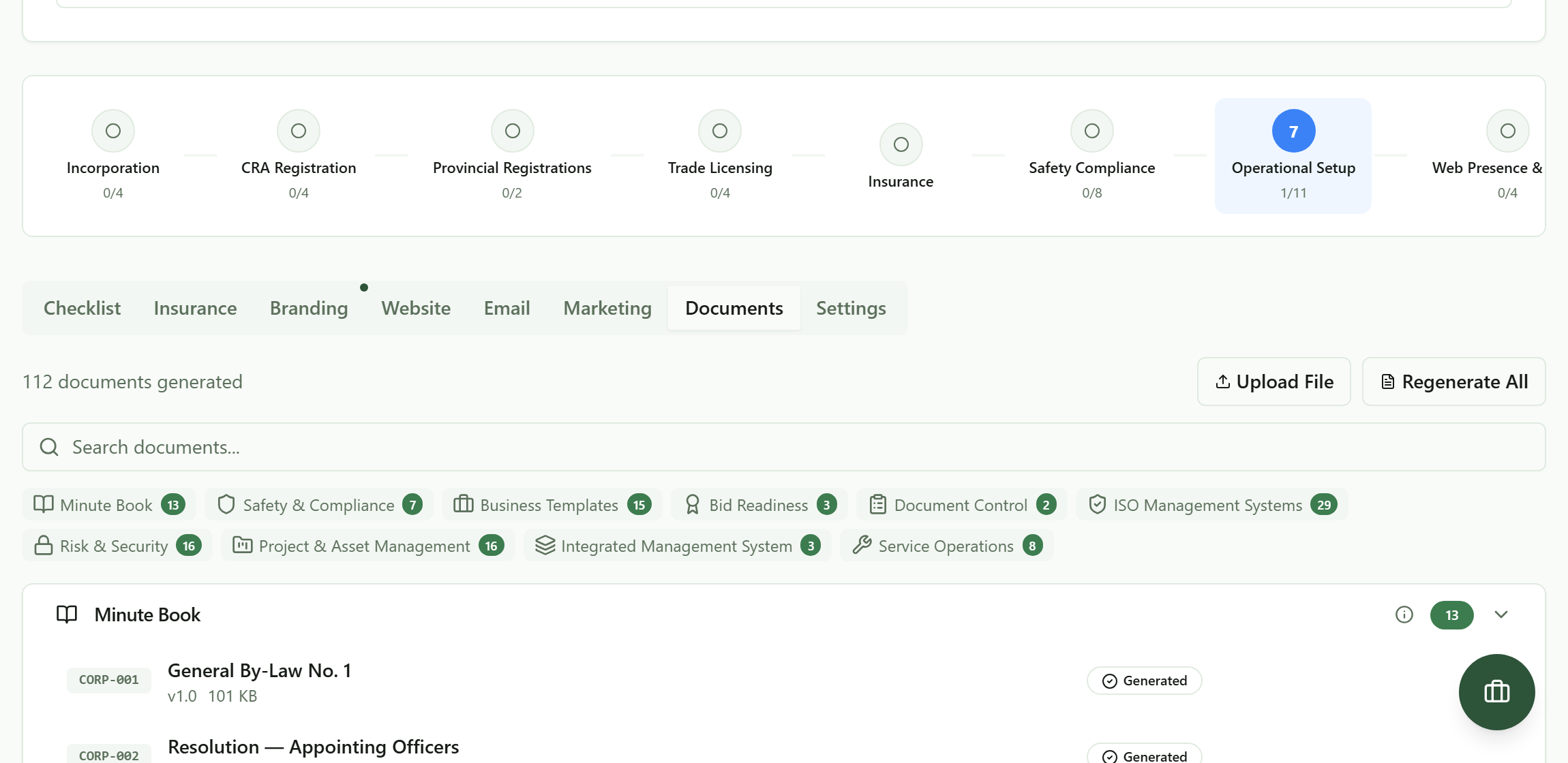 The document library showing 112 documents generated, grouped into Minute Book, Safety and Compliance, Business Templates, Bid Readiness, Document Control, ISO Management Systems, Risk and Security, Project and Asset Management, Integrated Management System and Service Operations, with a search box above