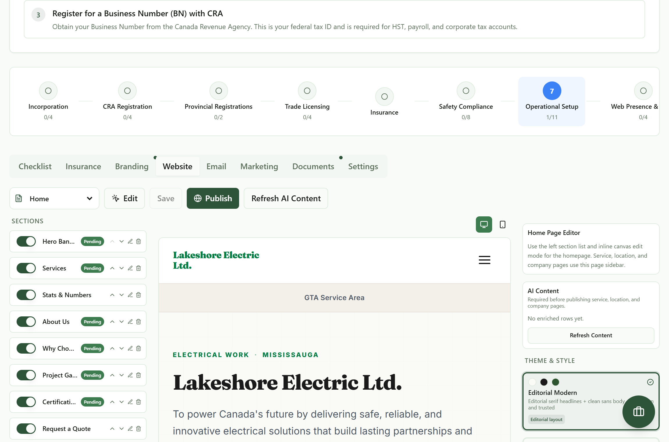 The website editor after one press: a list of fourteen sections down the left, each with an on-off switch, a live preview in the middle showing the contractor's name, the brand tagline and a green Get a Free Quote button over a site photo, and four theme choices down the right including Editorial Modern and Industrial Minimal, with a Publish button at the top