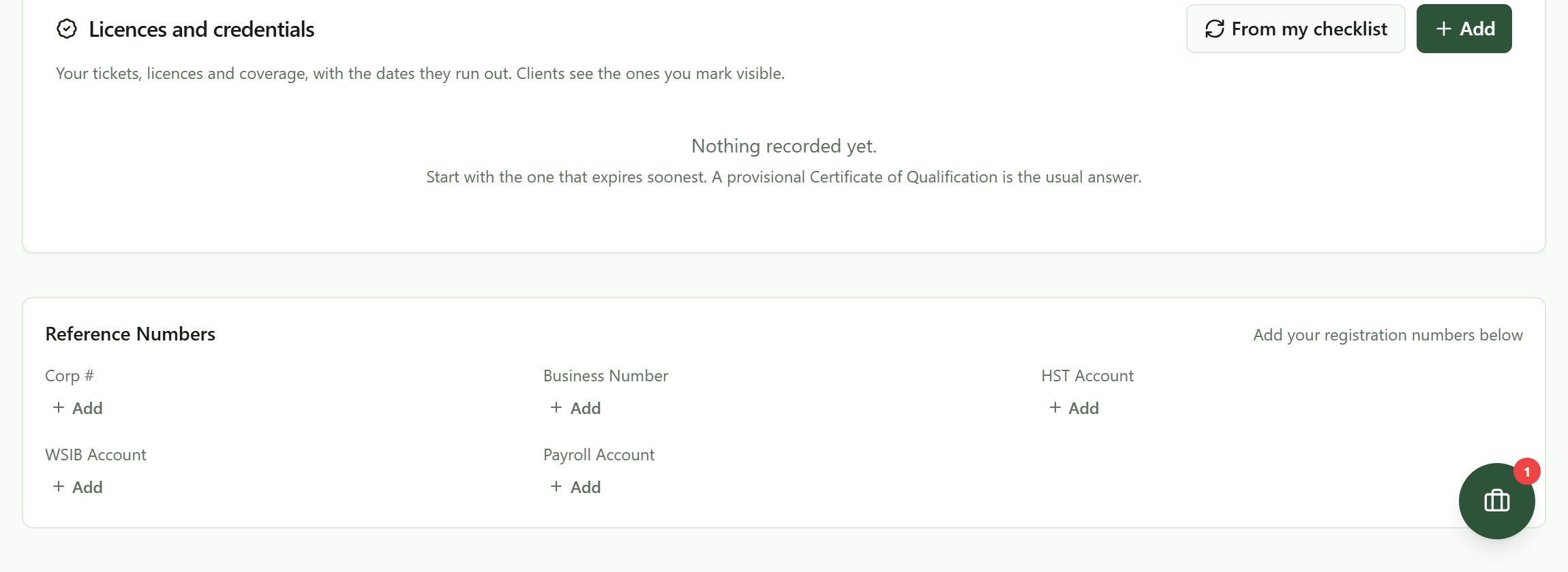A Reference Numbers panel with labelled slots for Corp number, Business Number, HST Account, WSIB Account and Payroll Account, each with an Add control