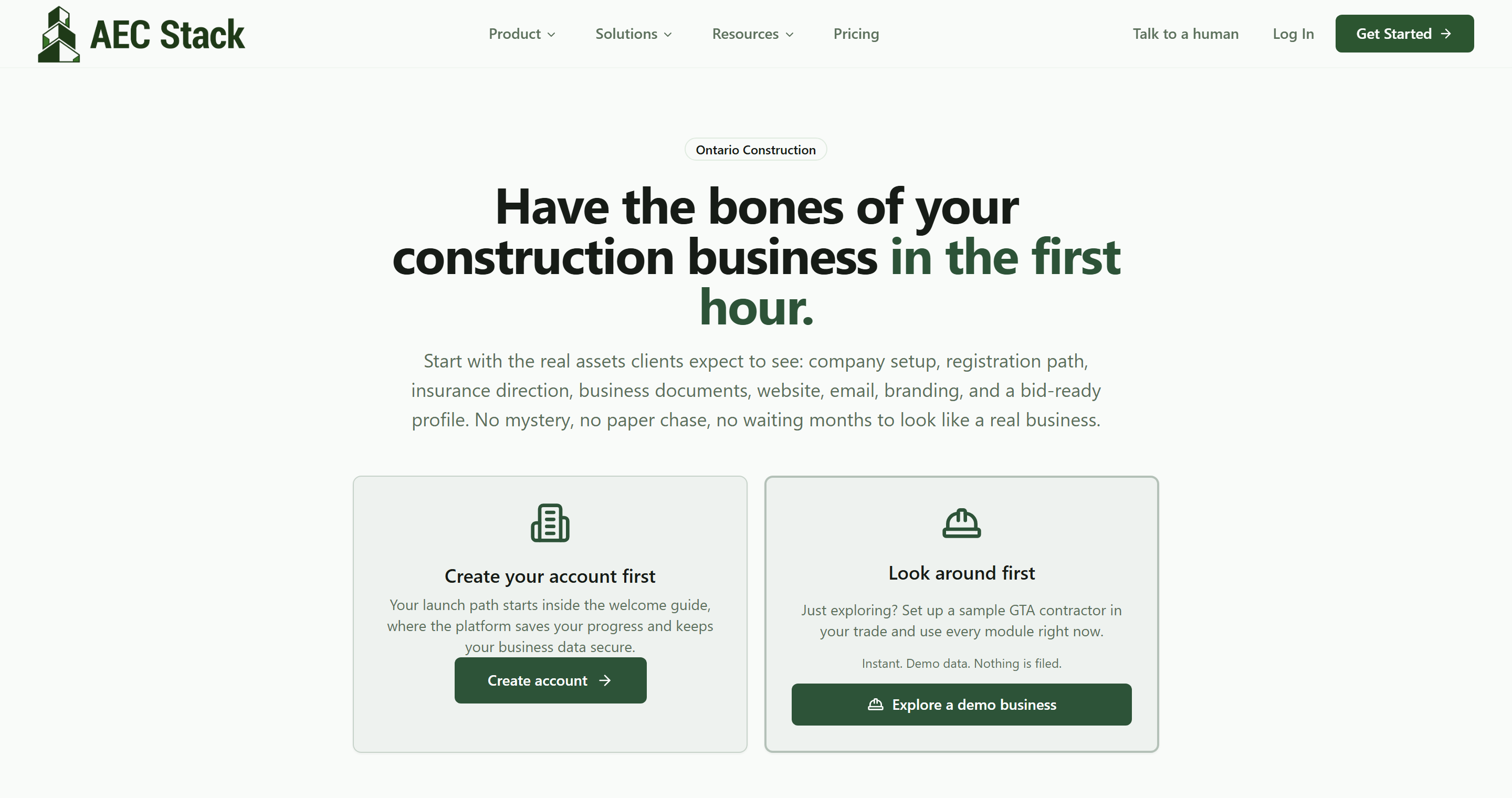 A page headed Have the bones of your construction business in the first hour, offering two doors: Create your account first, or Look around first, which says set up a sample GTA contractor in your trade and use every module right now, instant, demo data, nothing is filed, behind a button reading Explore a demo business