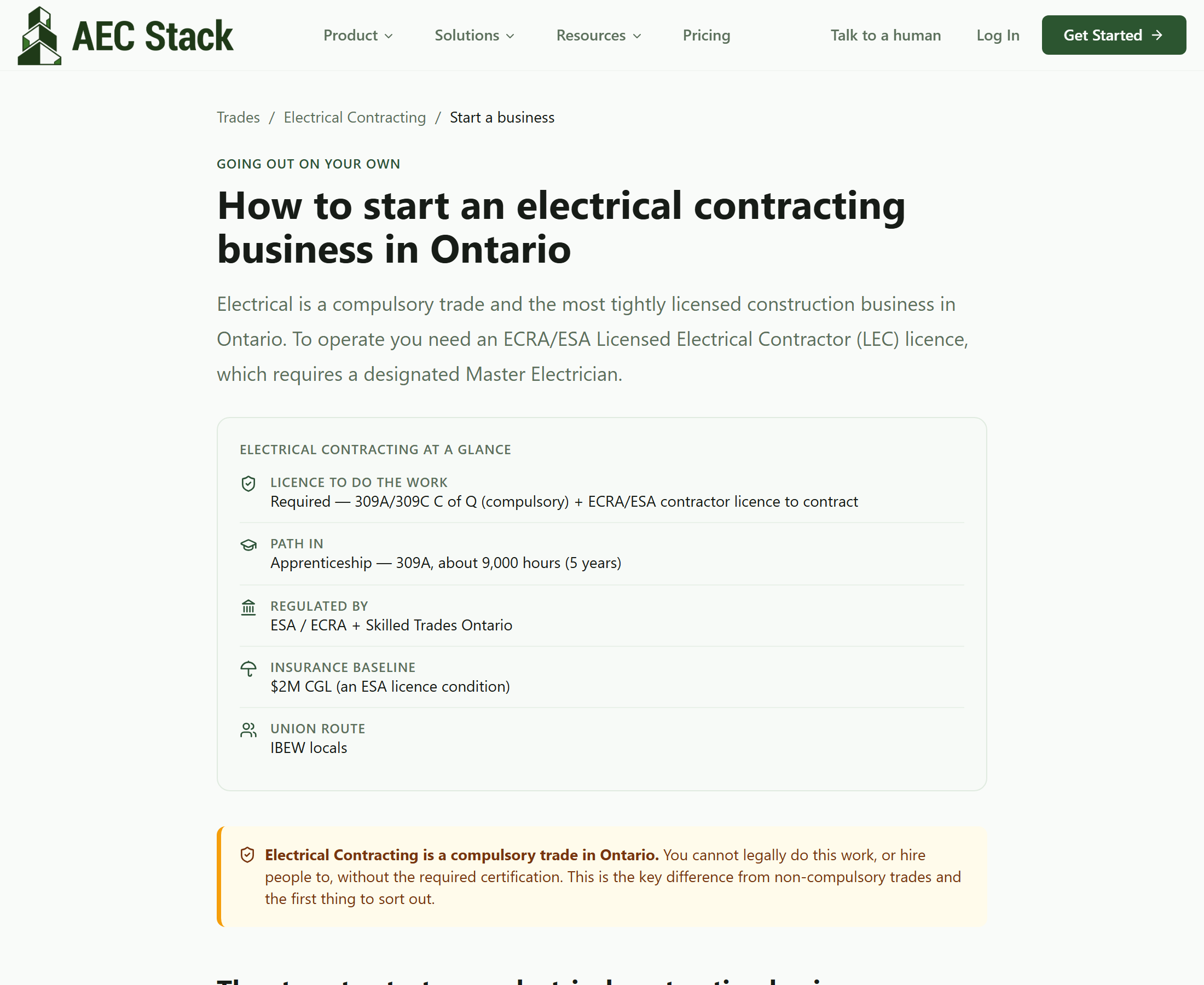 A page headed Going out on your own, How to start an electrical contracting business in Ontario, with an at-a-glance panel: licence to do the work is a 309A or 309C C of Q plus an ECRA/ESA contractor licence, the path in is a 309A apprenticeship of about 9,000 hours over five years, regulated by ESA, ECRA and Skilled Trades Ontario, insurance baseline $2M CGL as an ESA licence condition, union route IBEW locals. A callout notes electrical contracting is a compulsory trade, then numbered steps begin with incorporate your company and register your CRA accounts