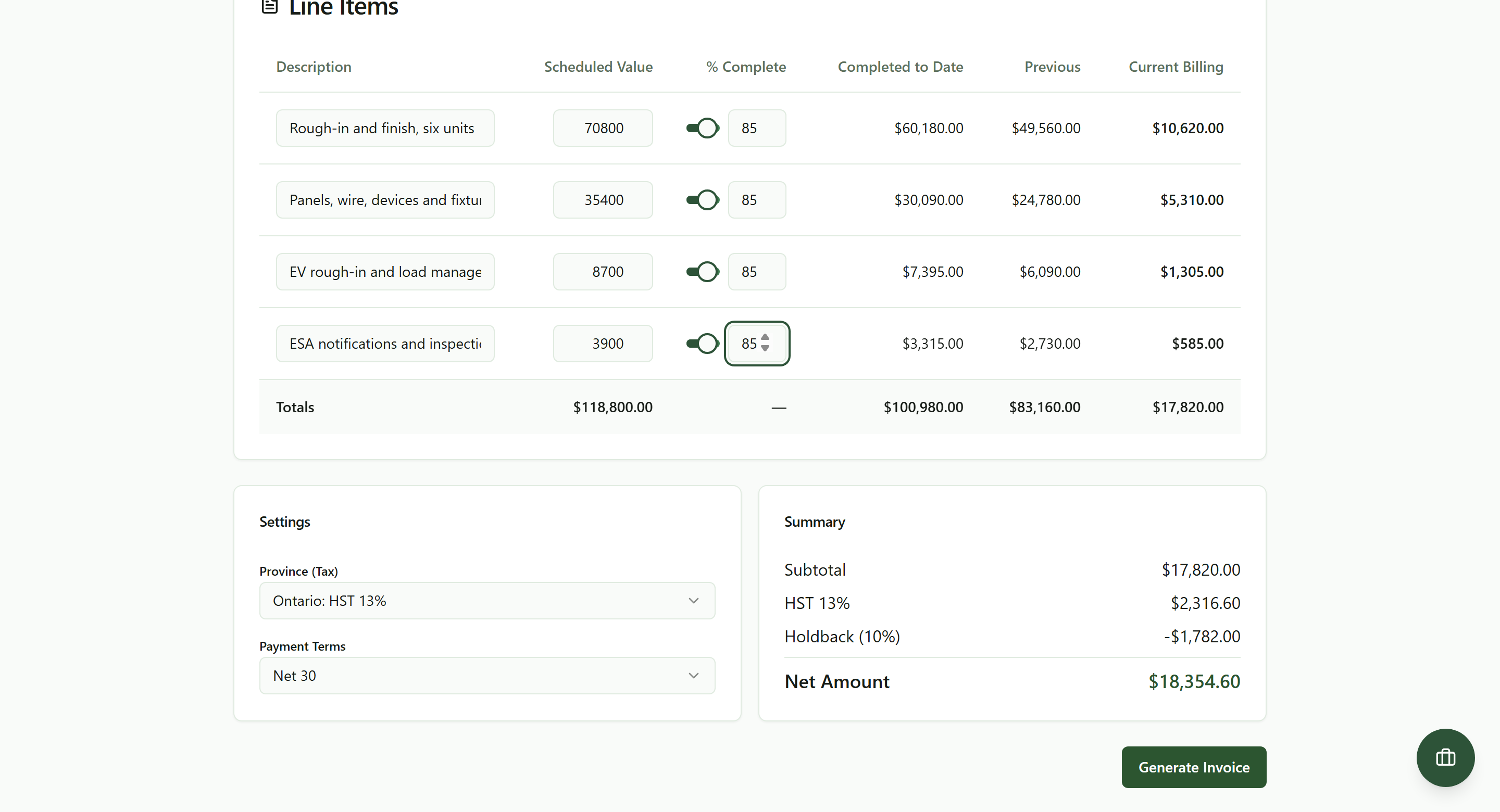 The progress billing screen for a $118,800 schedule of values: four lines each moved from 70 percent to 85 percent complete, previous billings of $83,160.00 already invoiced, and a current billing of $17,820.00 for the fifteen percent done this period, with HST and a 10 percent holdback taken off underneath