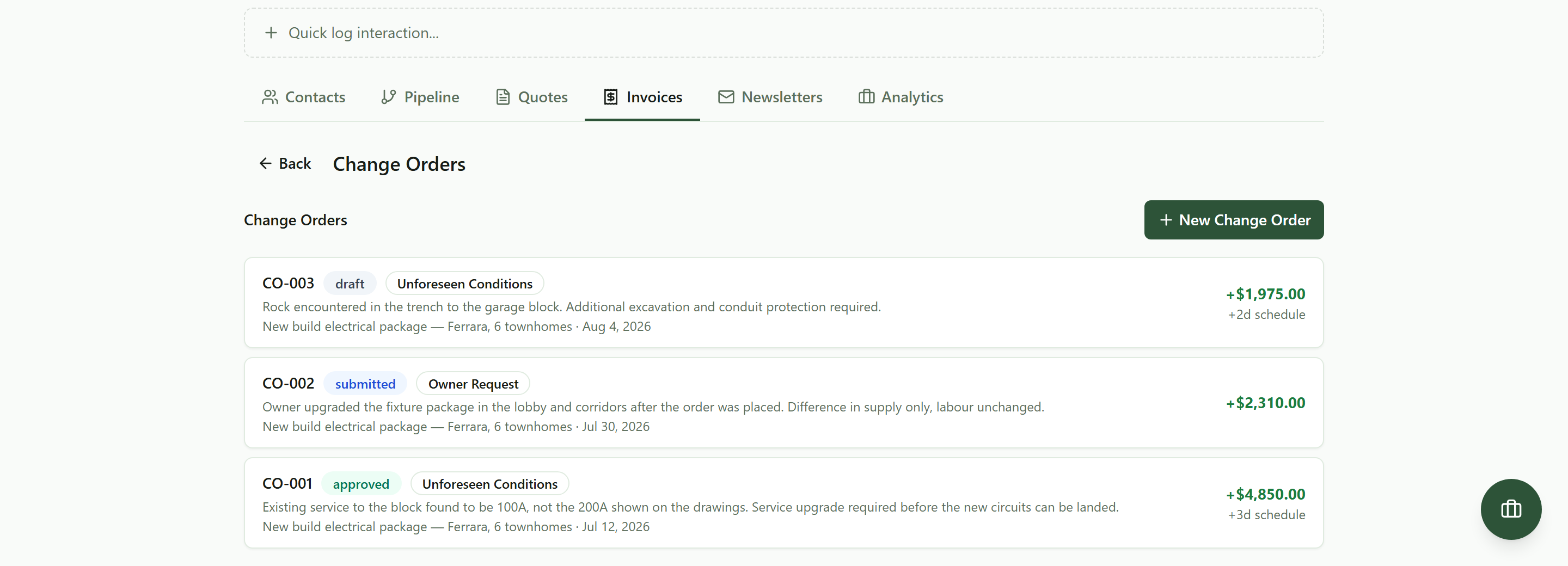 The Change Orders screen for one job in progress: CO-003 still a draft at plus $1,975.00 with two days of schedule, CO-002 submitted at plus $2,310.00 and waiting on the client, and CO-001 approved at plus $4,850.00 with three days, each carrying a reason badge, its description and the job it belongs to