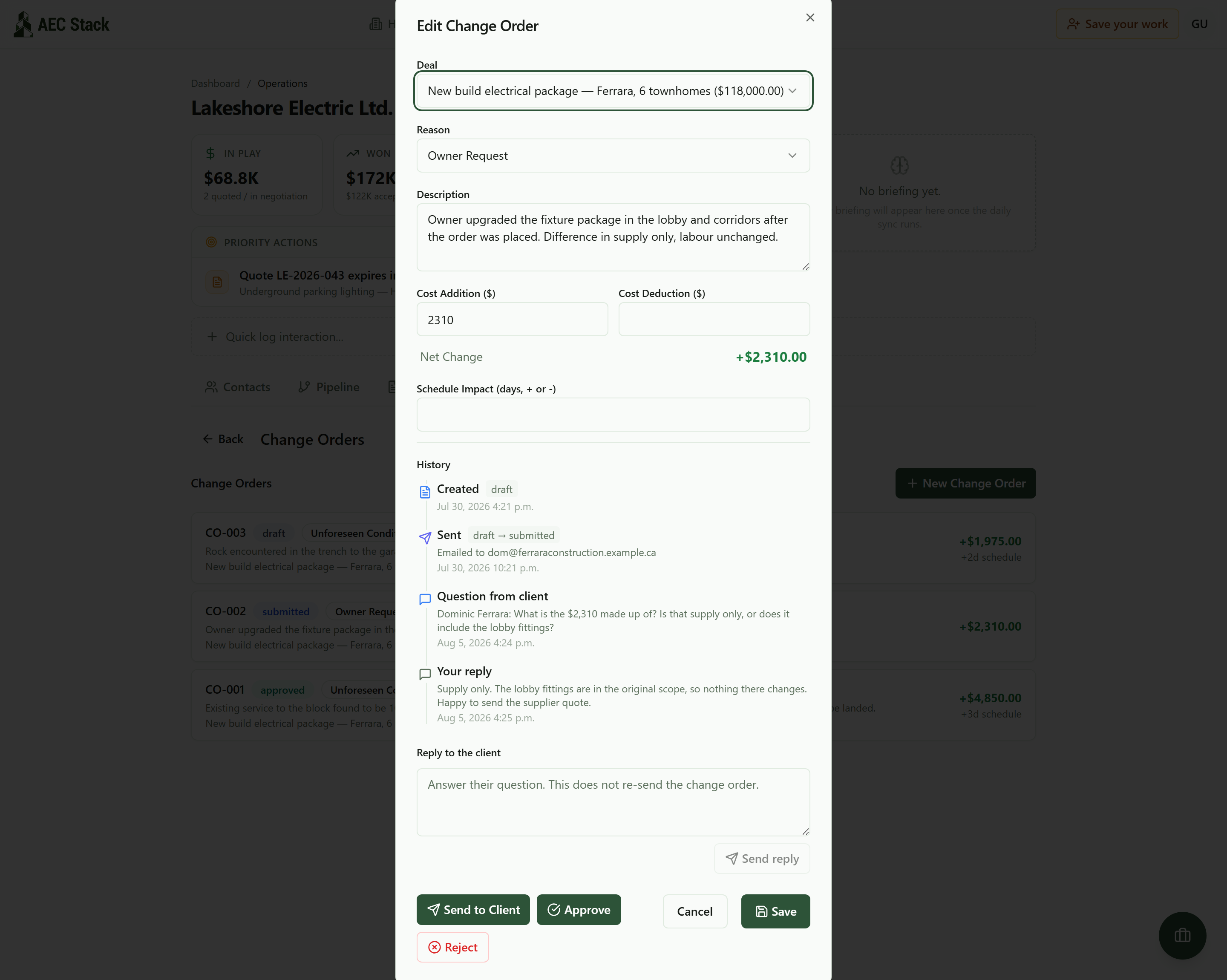 The change order CO-002 open on the job it belongs to, with its whole history on it: created as a draft, emailed to the client, a question from the client asking what the $2,310 is made up of, and the contractor's reply that it is supply only, under a box to reply again