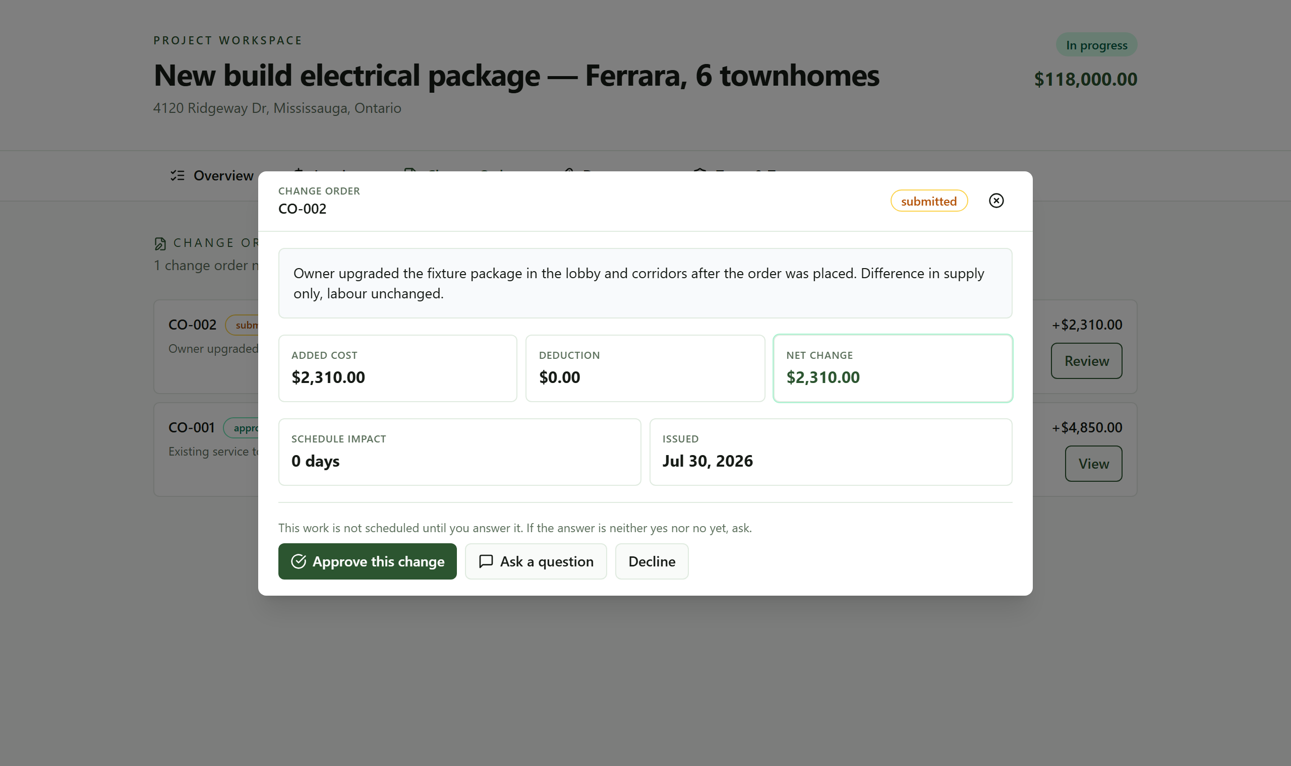 The client's view of change order CO-002: added cost $2,310.00, no deduction, net change $2,310.00, zero days of schedule impact, and three buttons reading Approve this change, Ask a question, and Decline, under a line saying the work is not scheduled until they answer it