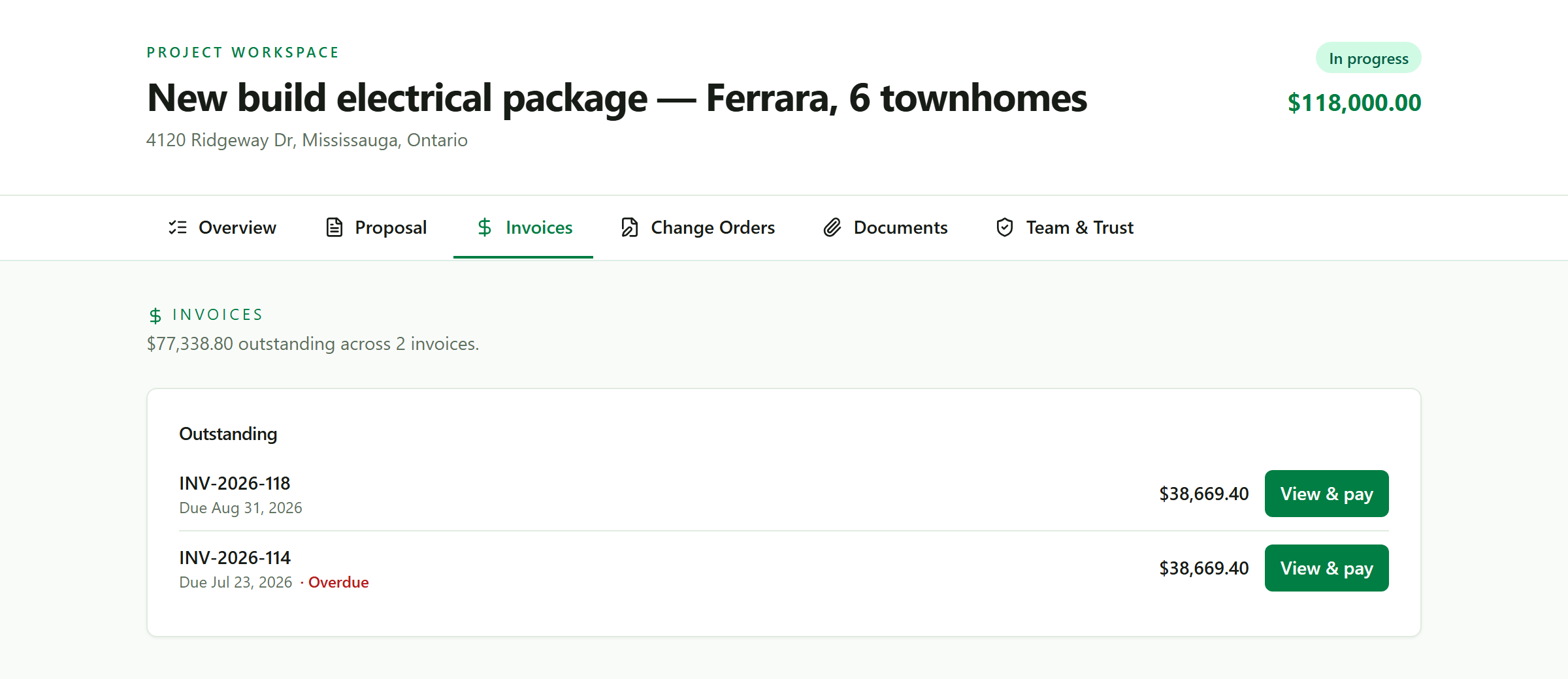 The client portal invoices tab showing $77,338.80 outstanding across 2 invoices, one due August 31 2026 and one due July 23 2026 marked Overdue in red, each for $38,669.40 with a View and pay button