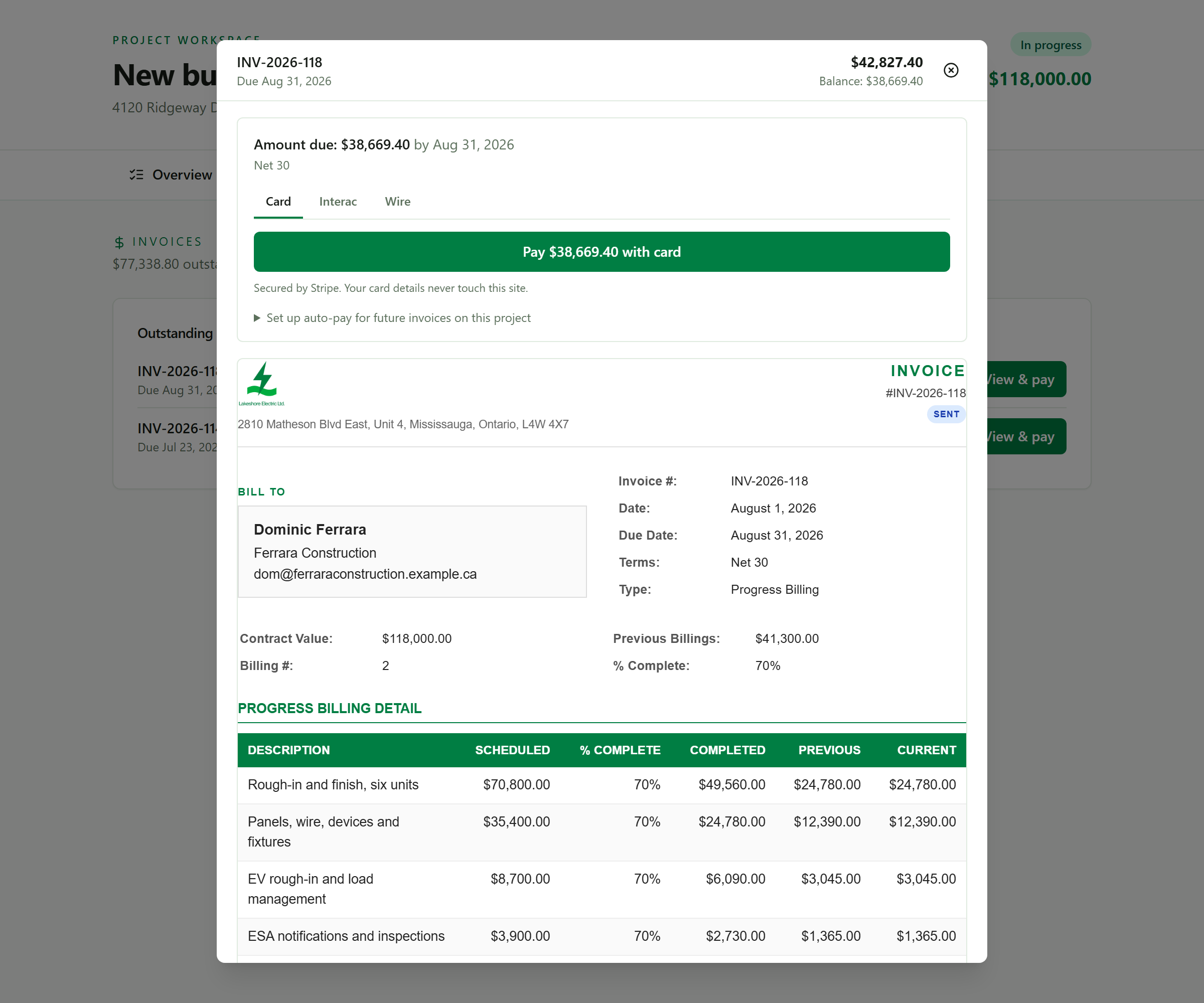 The client's payment view: an invoice for $42,827.40 with $38,669.40 due by August 31 on Net 30 terms, tabs for Card, Interac and Wire, a green Pay $38,669.40 with card button, a line saying it is secured by Stripe and card details never touch the site, an option to set up auto-pay for future invoices on the project, and beneath it the contractor's own branded invoice showing the progress billing detail with scheduled value, percent complete, completed, previous and current columns