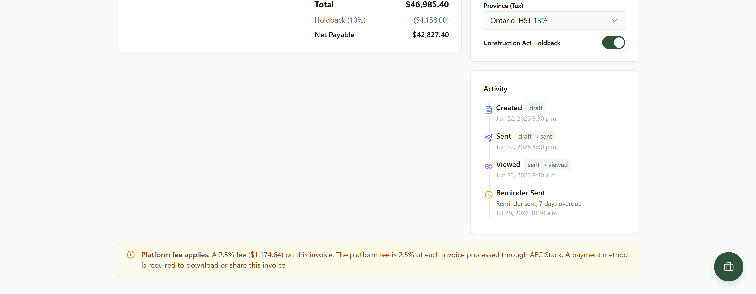 The Activity panel on the overdue invoice: created, sent, viewed by the client the next morning, and a reminder sent seven days after it went past due, each with a date and time