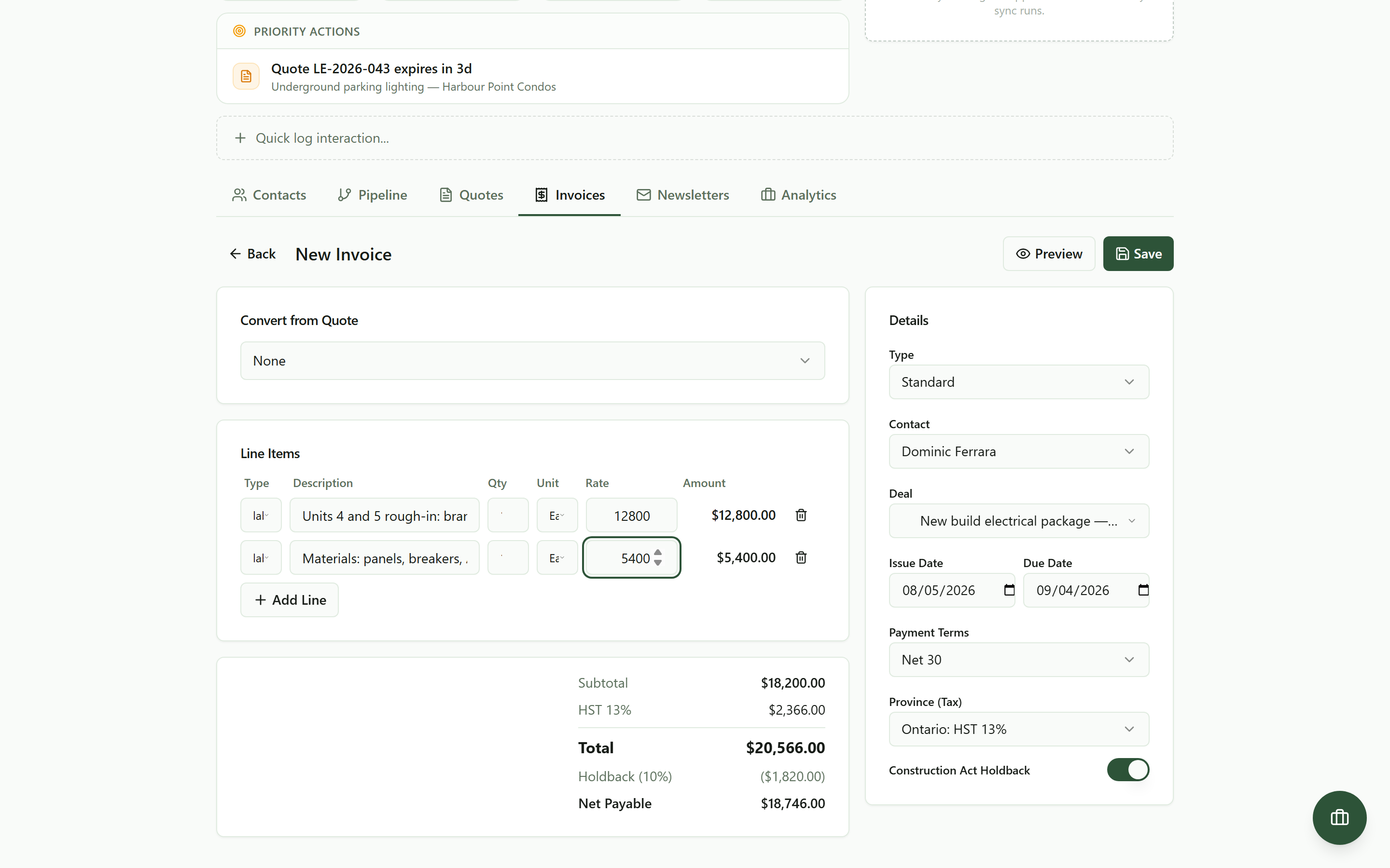 The invoice builder with the Construction Act Holdback toggle on: the totals card shows the subtotal, HST on the full value, the 10% holdback deducted, and the net payable