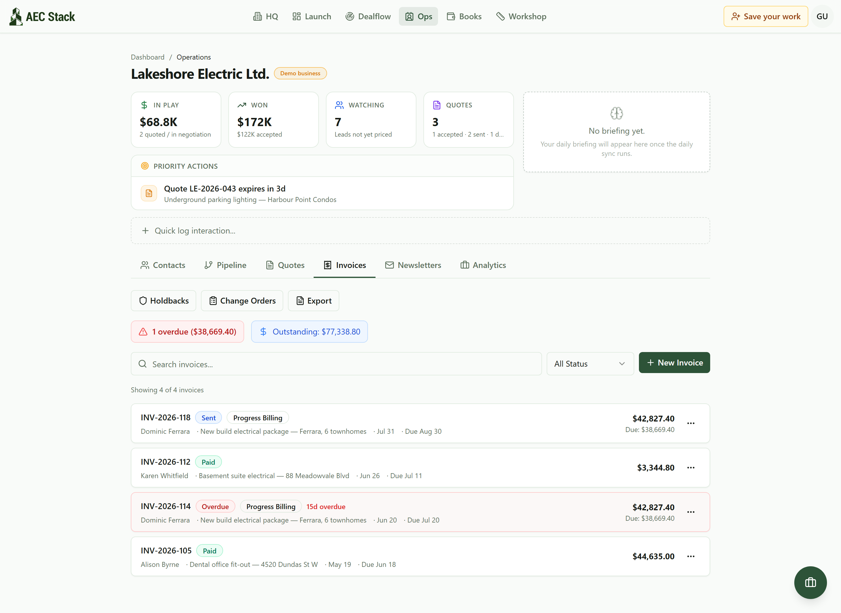 The Invoices tab in Ops with the Holdbacks button above the invoice list, where a progress billing shows a due amount already net of the 10% holdback