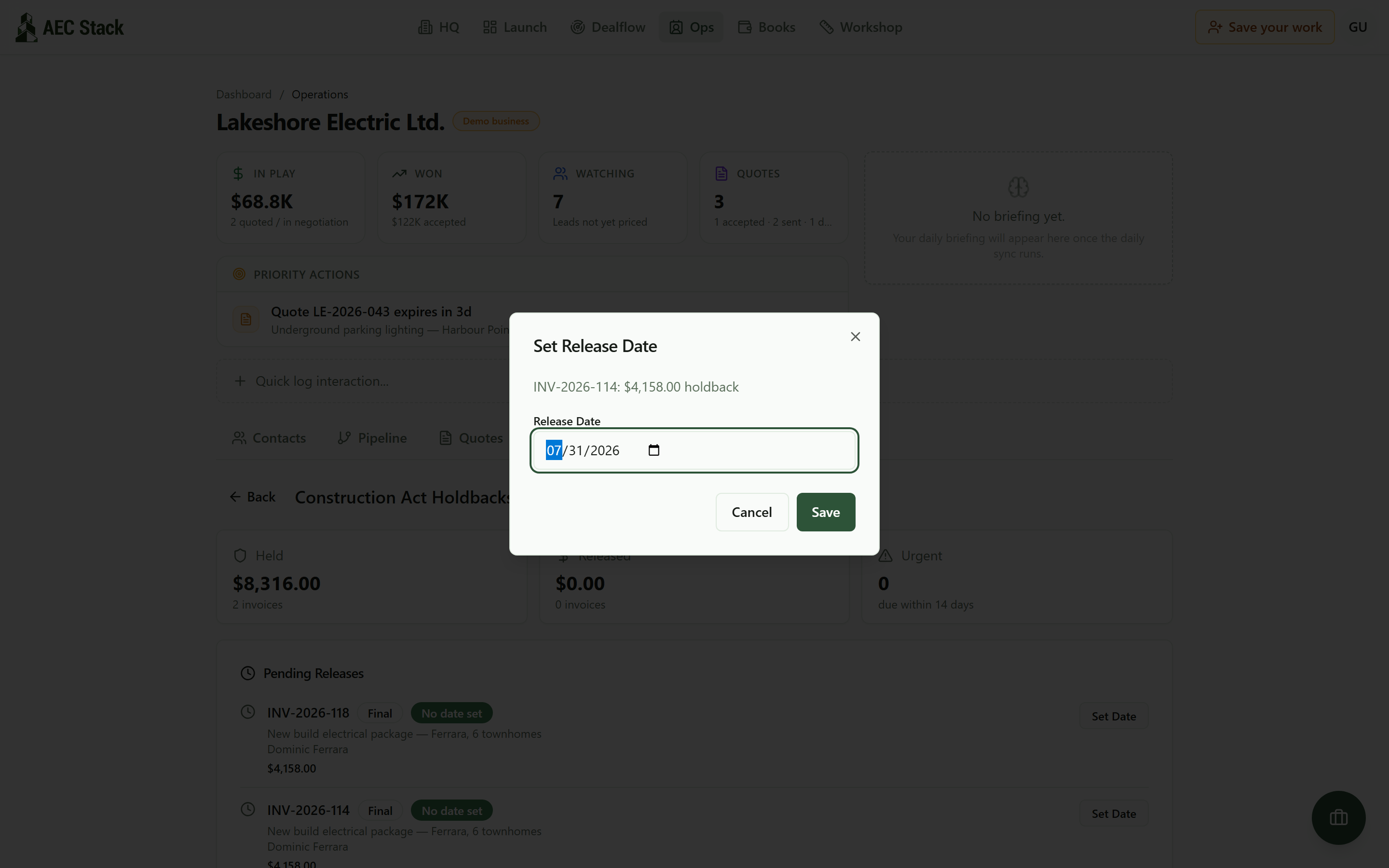 The Set Release Date dialog on a tracked holdback, with the invoice number, the held amount, and the release date filled in