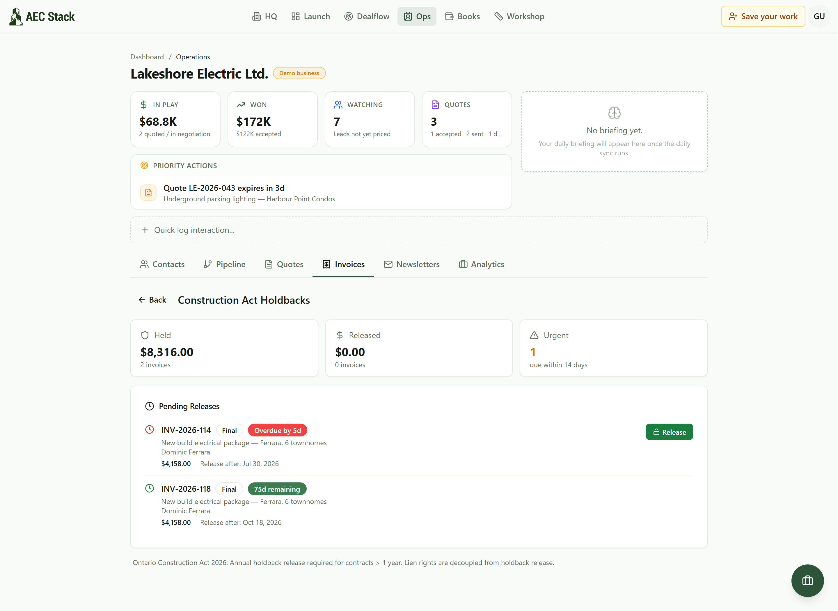 The Construction Act Holdbacks tracker showing $8,316 held across two invoices, one past its release date in red with a green Release button and one with 75 days remaining