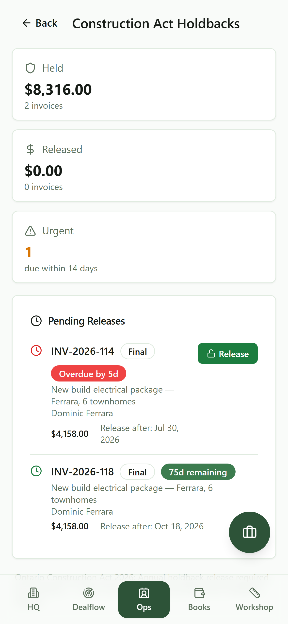 The holdback tracker on a phone, with pending releases and their countdown badges visible