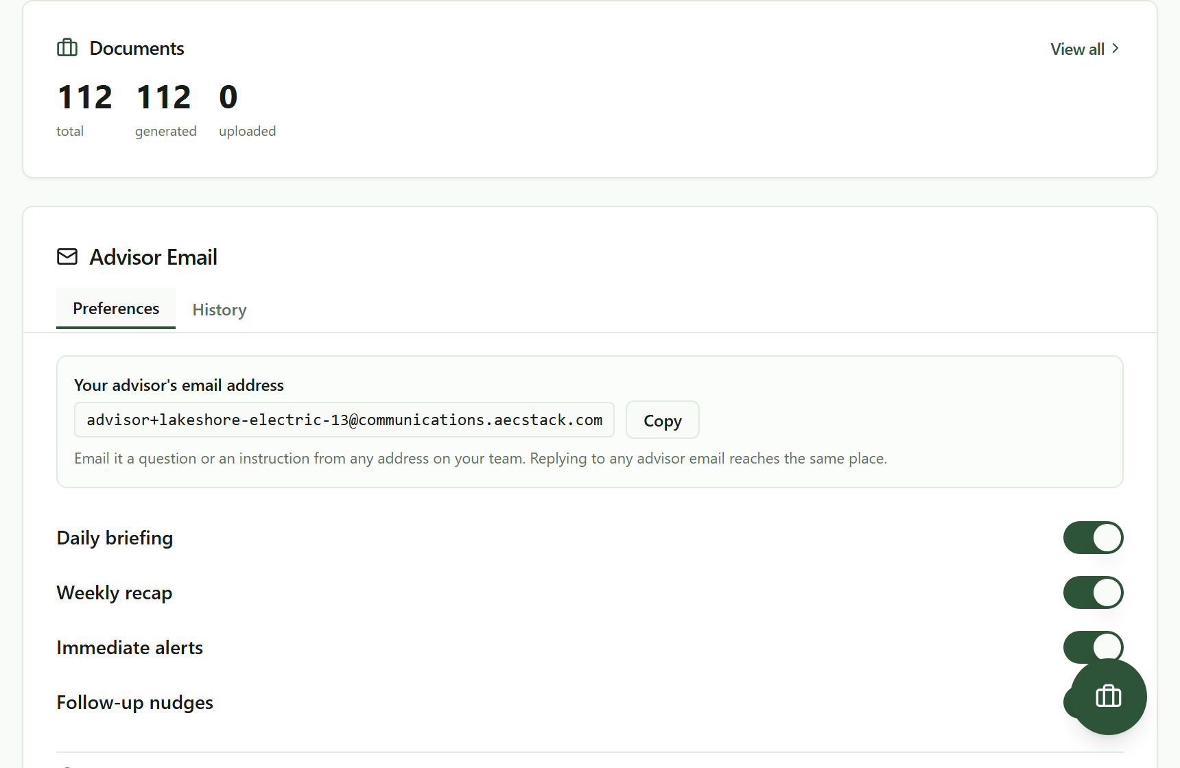 The Advisor Email panel showing the business's own advisor address, advisor+lakeshore-electric-13 at communications.aecstack.com, with a Copy button and a line saying to email it a question or instruction from any address on the team