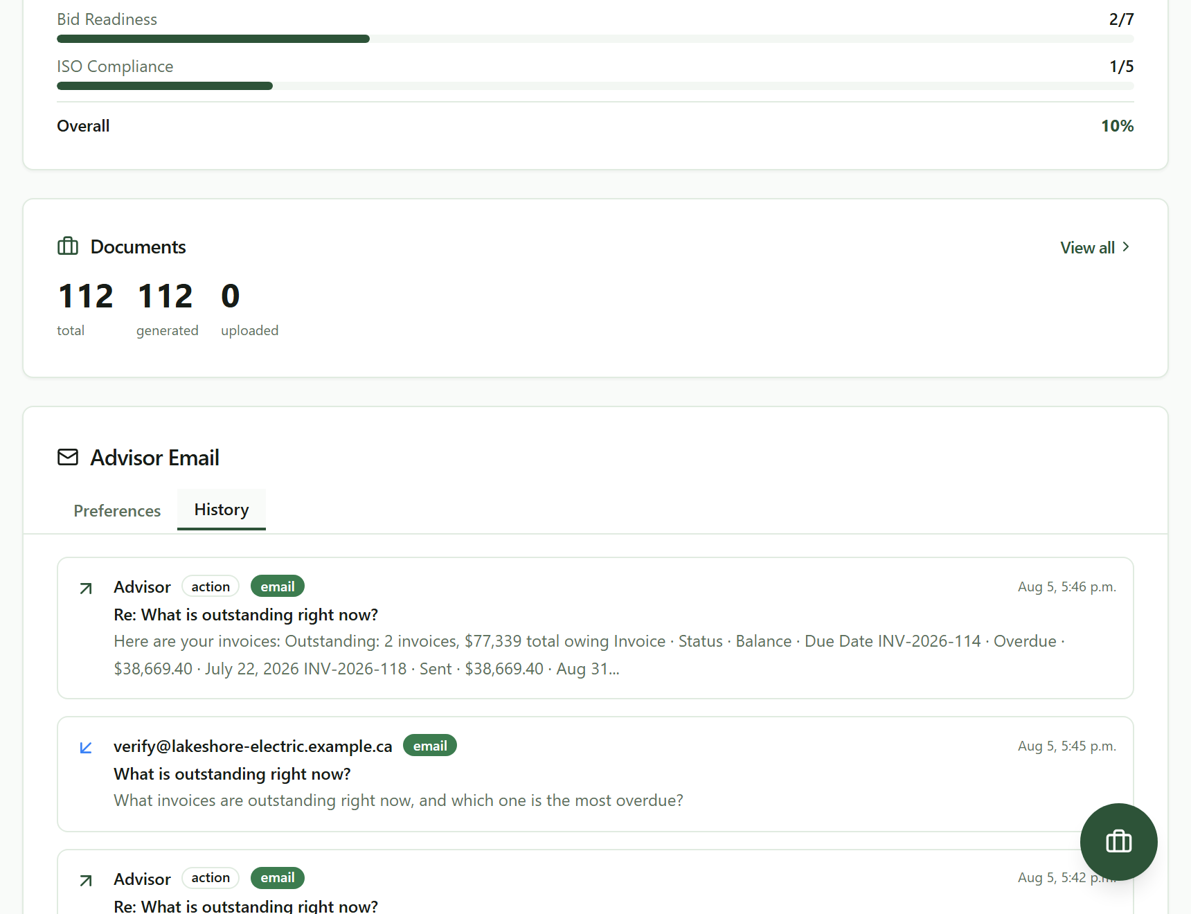 The History tab of the Advisor Email panel showing the thread: the question that was emailed in about outstanding invoices, and the advisor's answer, each with its direction and time