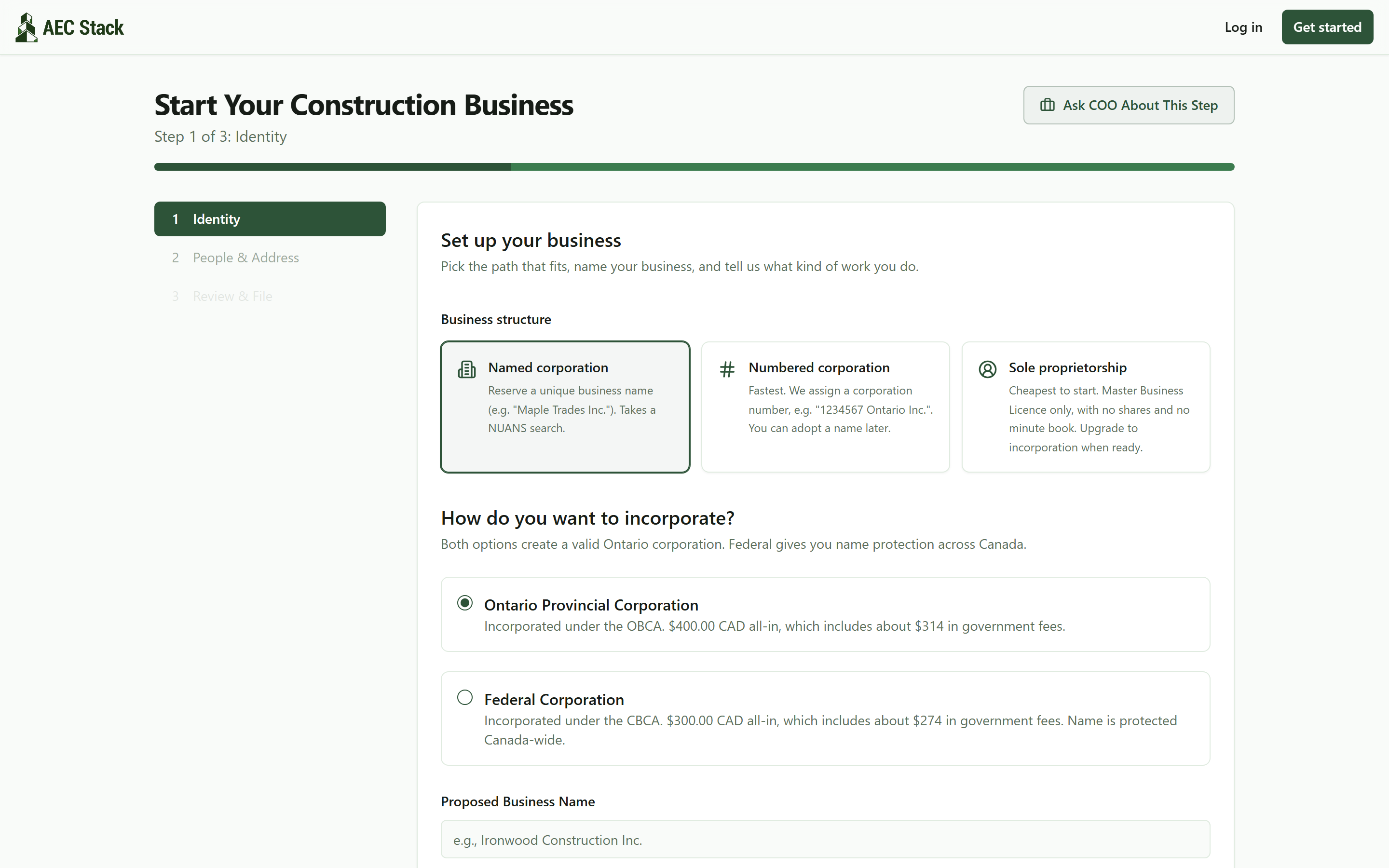 Step 1 of the launch wizard with the three structures side by side: named corporation, numbered corporation and sole proprietorship, with Ontario provincial incorporation at $400.00 all-in including about $314 in government fees, and federal at $300.00 all-in