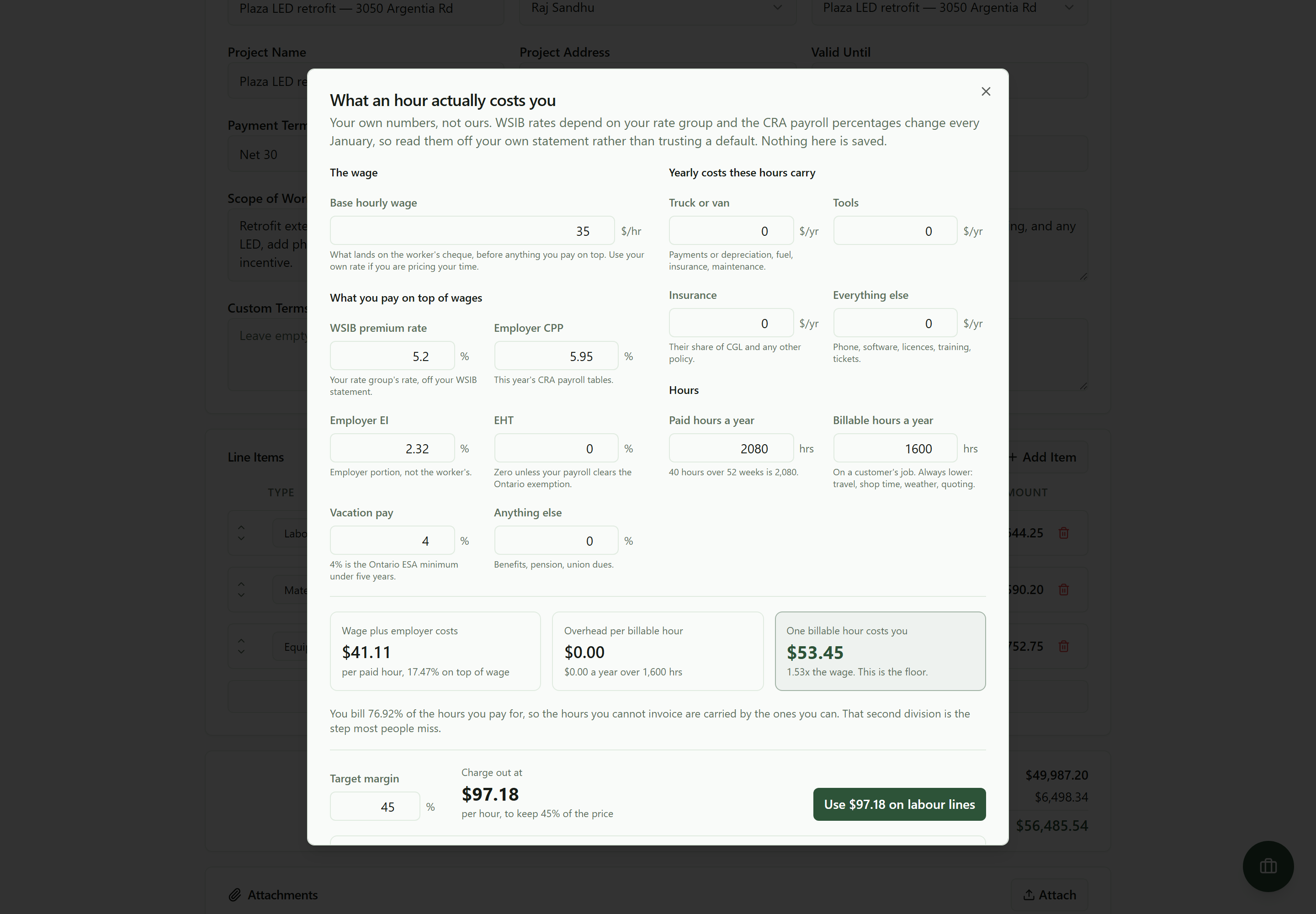 The cost-of-an-hour calculator filled in for a $35 an hour worker: wage plus employer costs $41.11 per paid hour at 17.47% on top of the wage, one billable hour costing $53.45 which is 1.53 times the wage, and a charge-out rate of $97.18 an hour at a 45% margin
