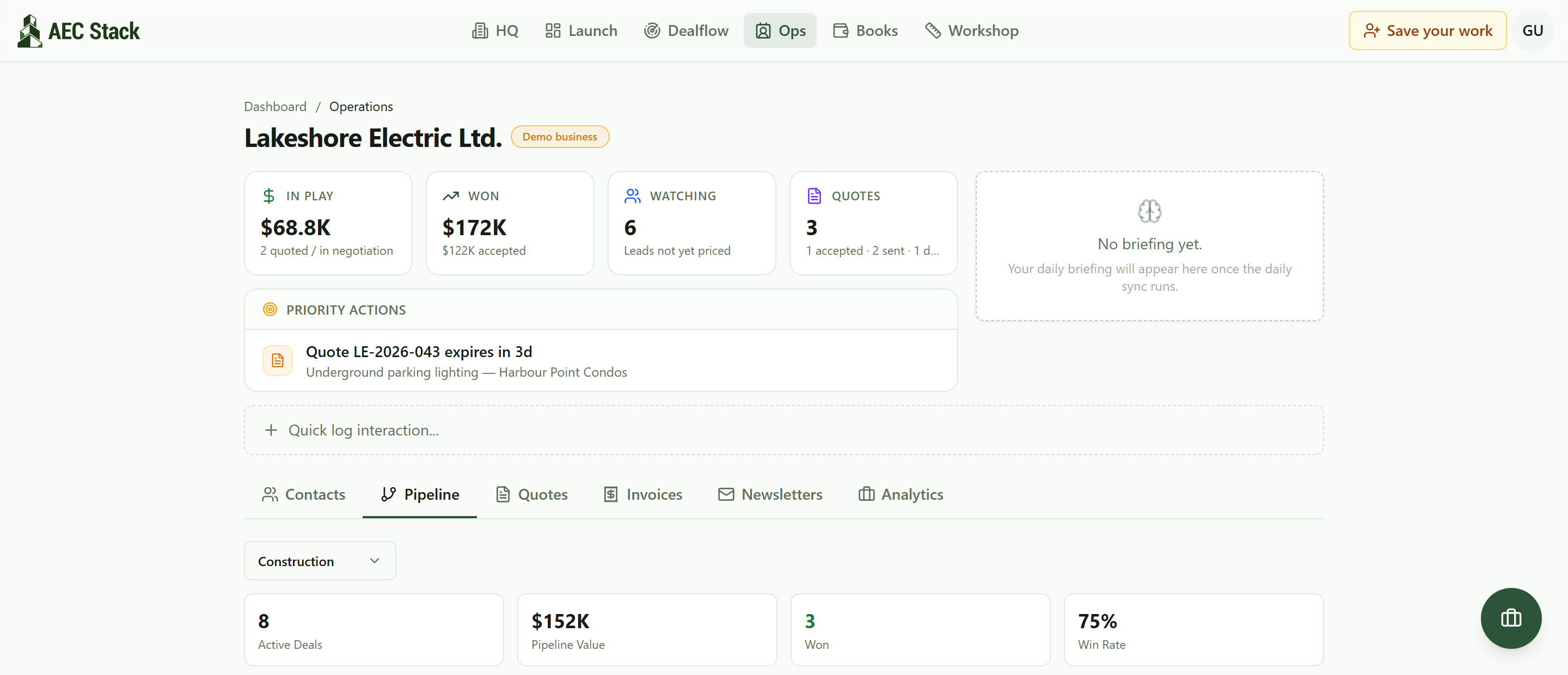 The pipeline board for a construction business: 8 active deals worth $152K, 3 won and a 75 percent win rate, above columns for Lead with 4 deals and $27.1K, Qualified with 1 and $7.3K, Site Visit which is empty and tells you what to do there, and Estimating with $48.6K