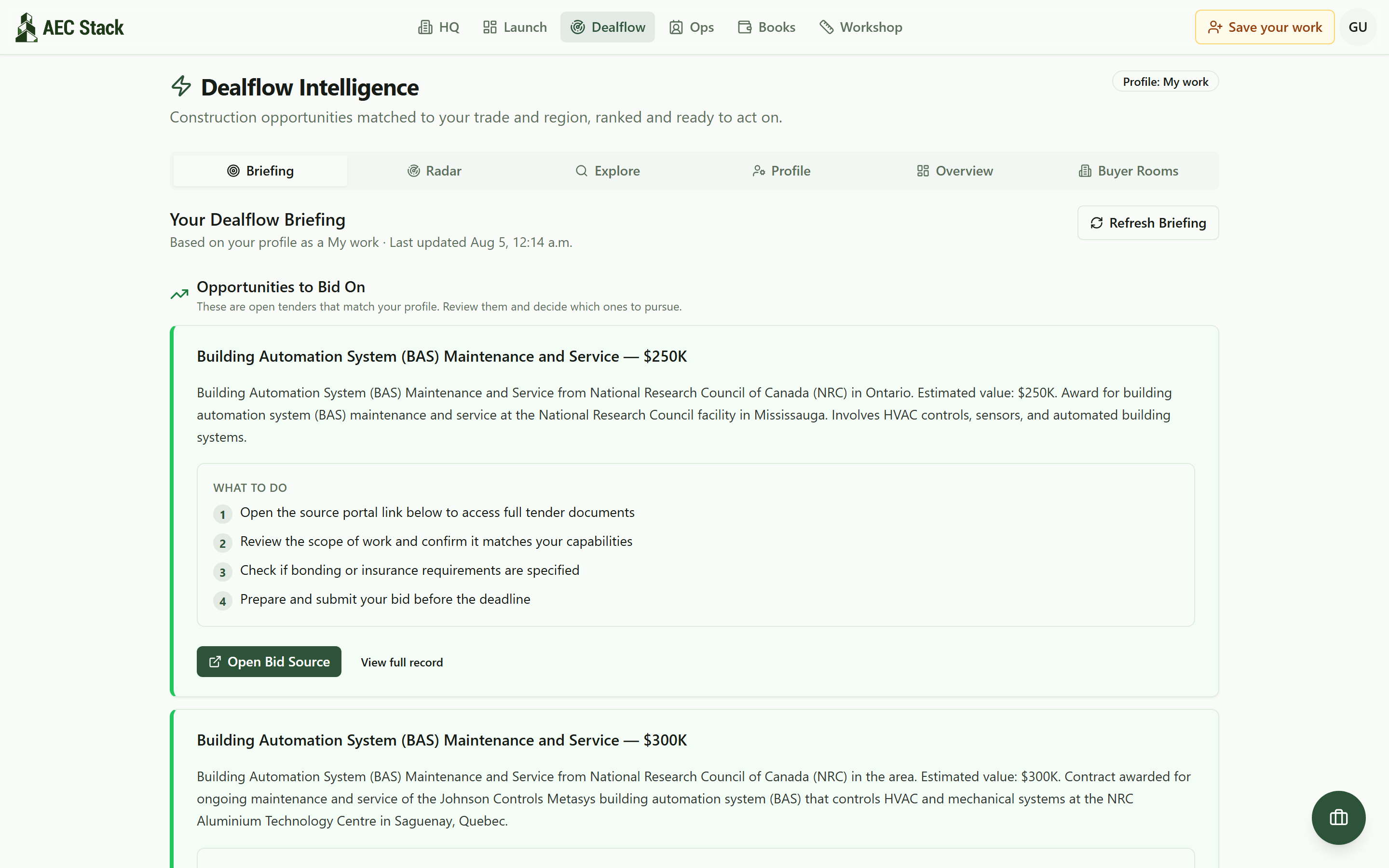 The Dealflow Briefing tab with an analysed opportunity, an estimated value, and a numbered what to do list