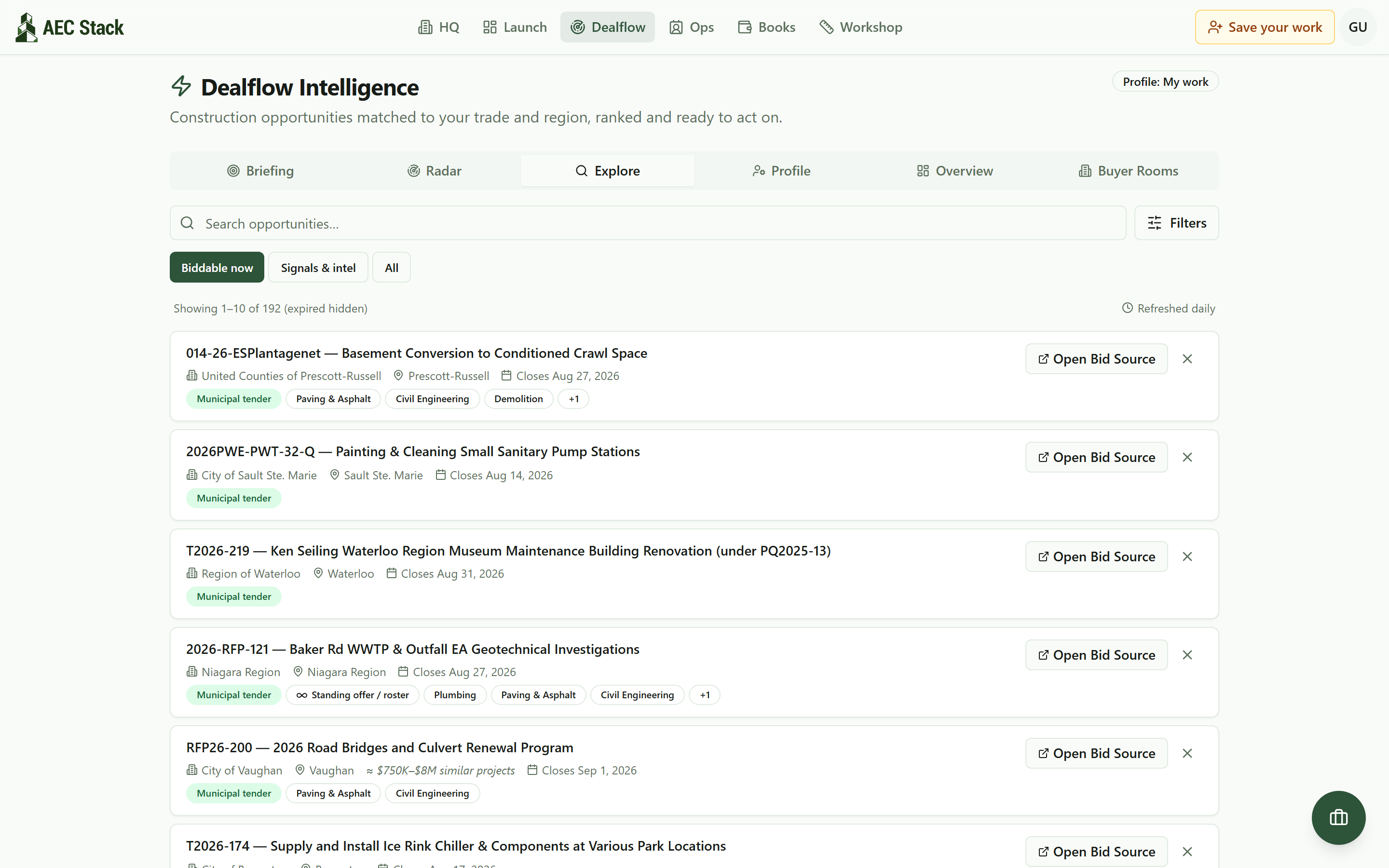 The Dealflow Explore tab listing open Ontario construction tenders, each with a buyer, closing date, and trade tags