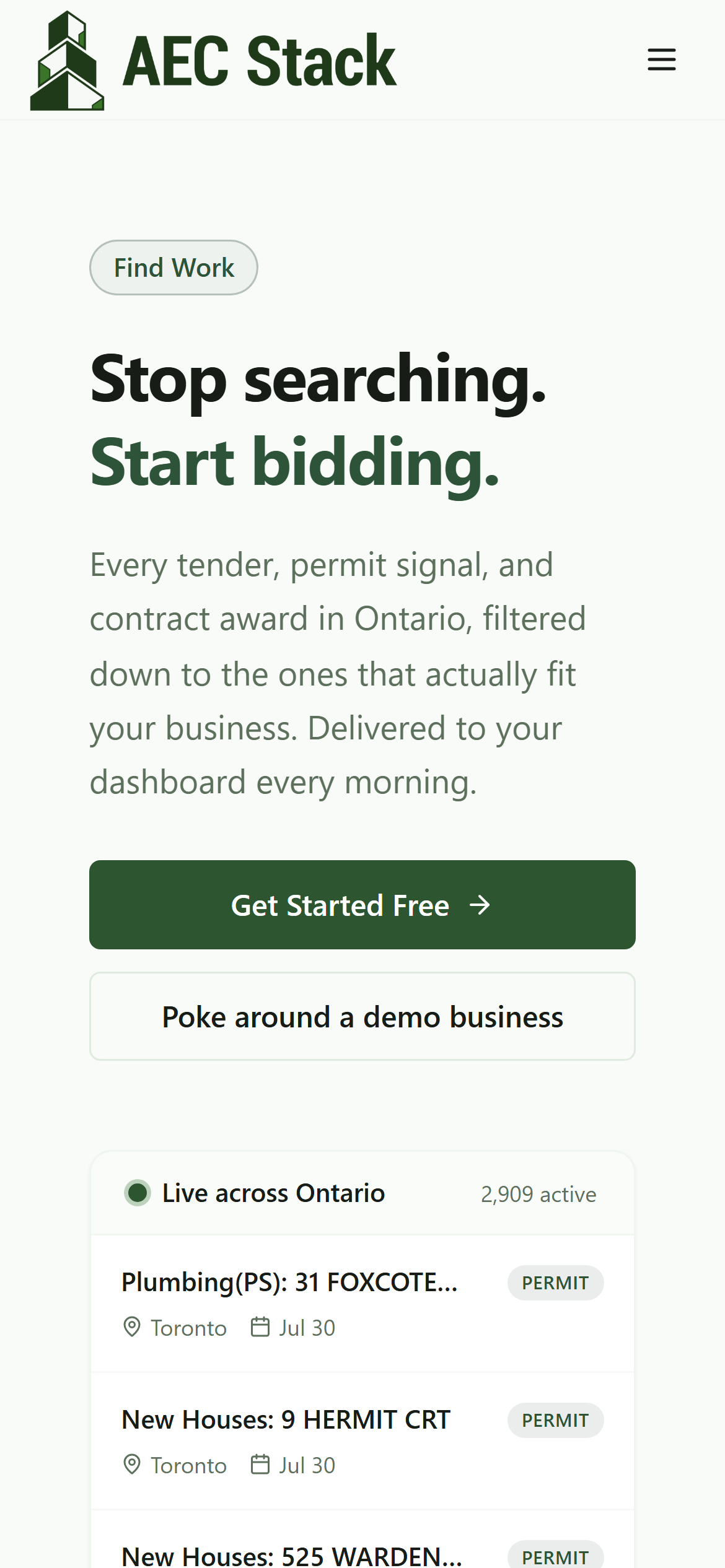 The public Find Work page on a phone with live Ontario permit and award signals and an active count