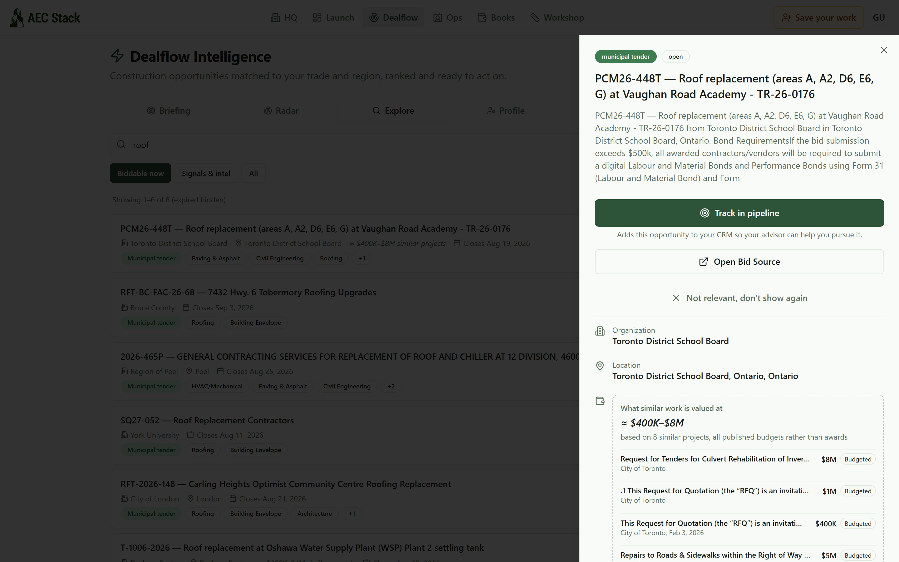 A tender record in a side sheet: buyer, closing date, plain language summary, and a Track in pipeline button