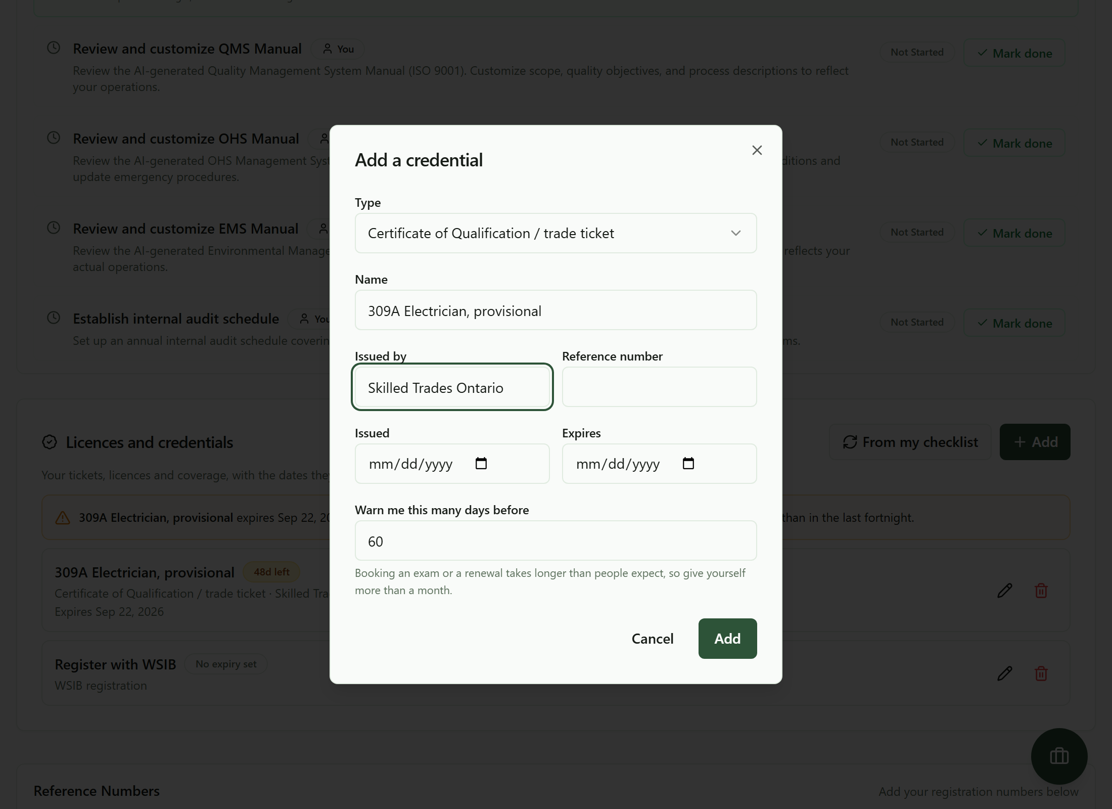 The add-a-credential dialog: type set to Certificate of Qualification, name 309A Electrician provisional, issued by Skilled Trades Ontario, fields for reference number, issued and expiry dates, and a warn-me-this-many-days-before field defaulting to 60 with a note that booking an exam or renewal takes longer than people expect