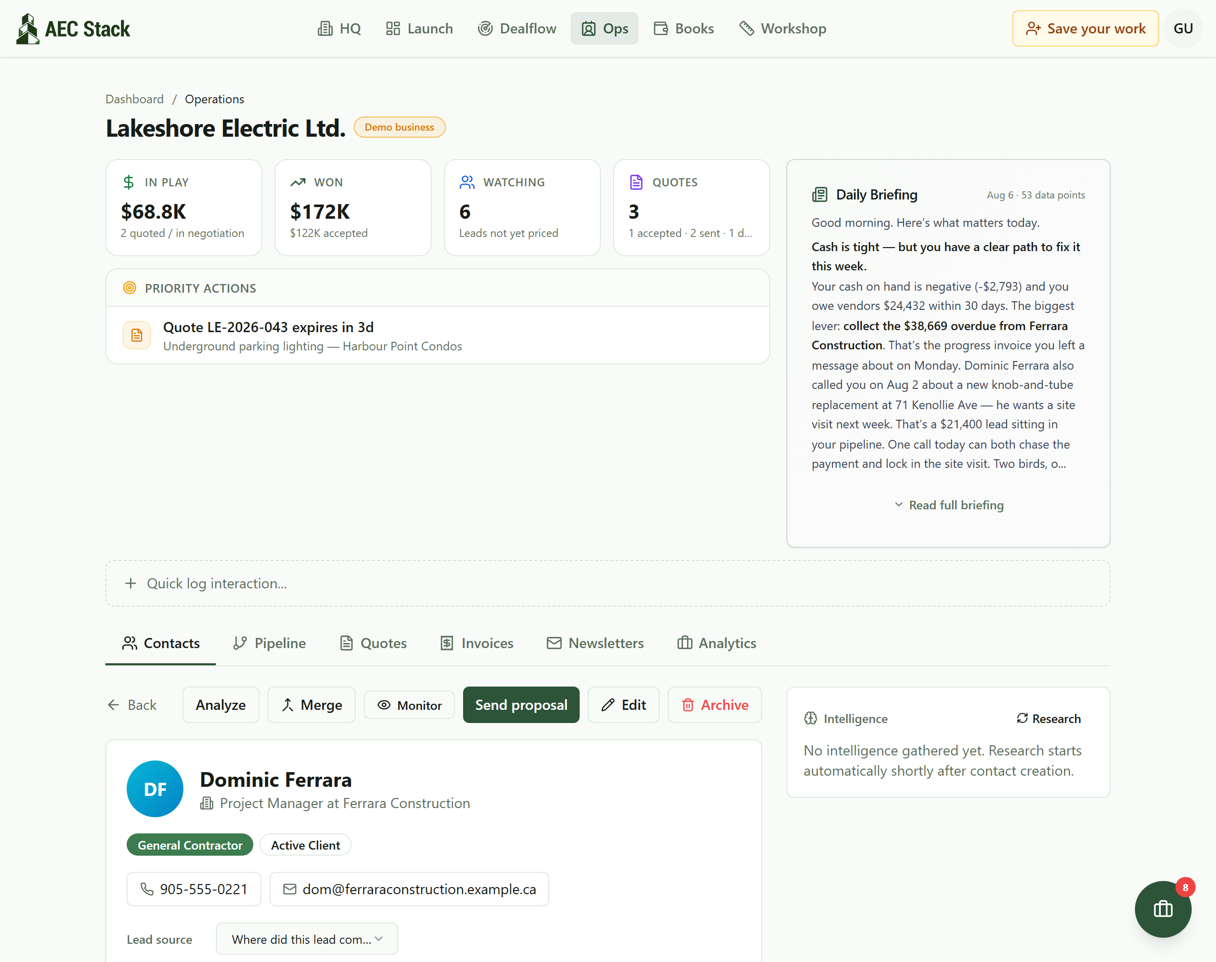 A contact record for a general contractor's project manager, tagged General Contractor and Active Client, with a phone number and email, a lead source field, and a row of actions above it: Analyze, Merge, Monitor, Send proposal, Edit and Archive