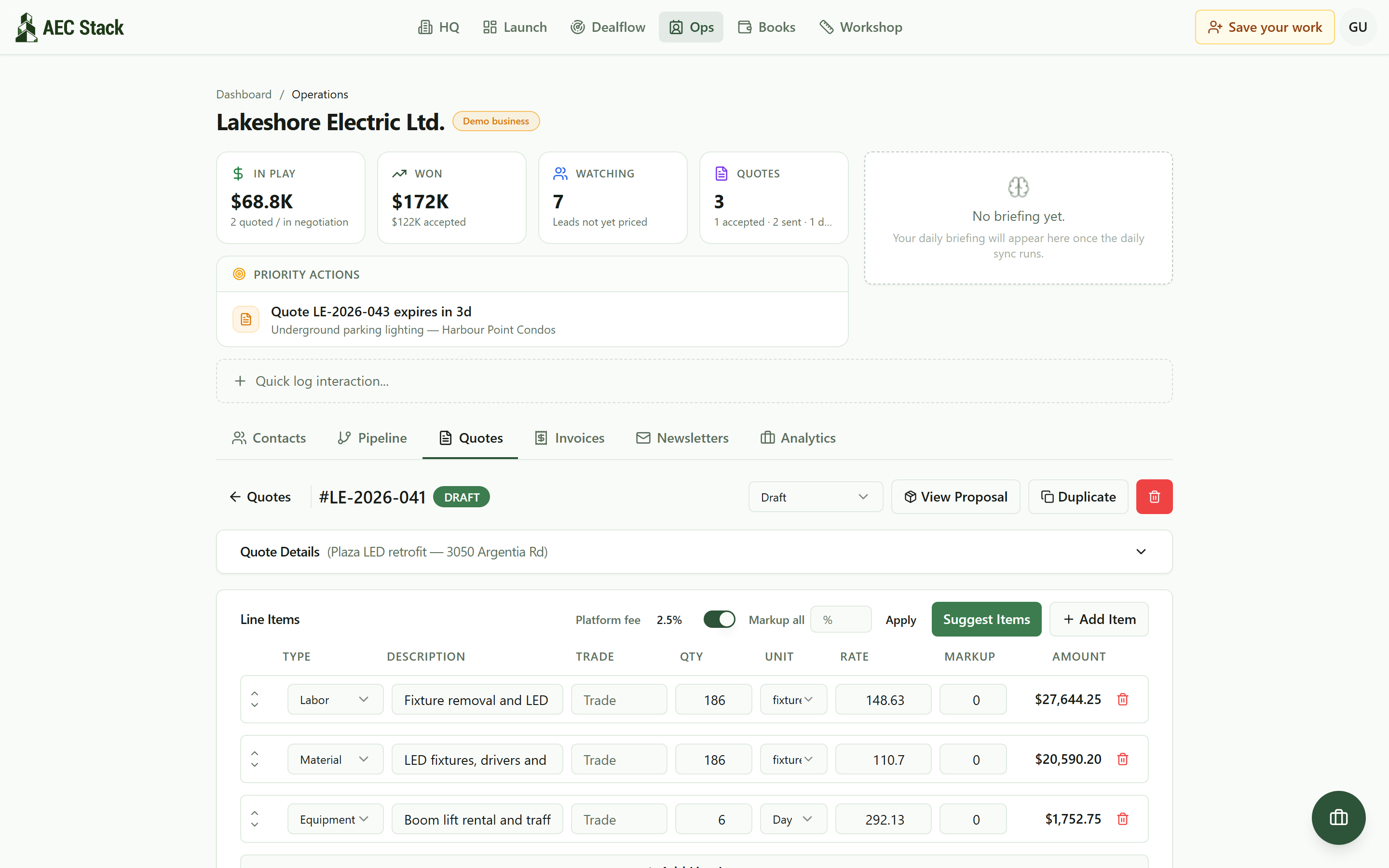 The AEC Stack quote builder open on a draft electrical quote, with labor, material, and equipment costs each on their own line