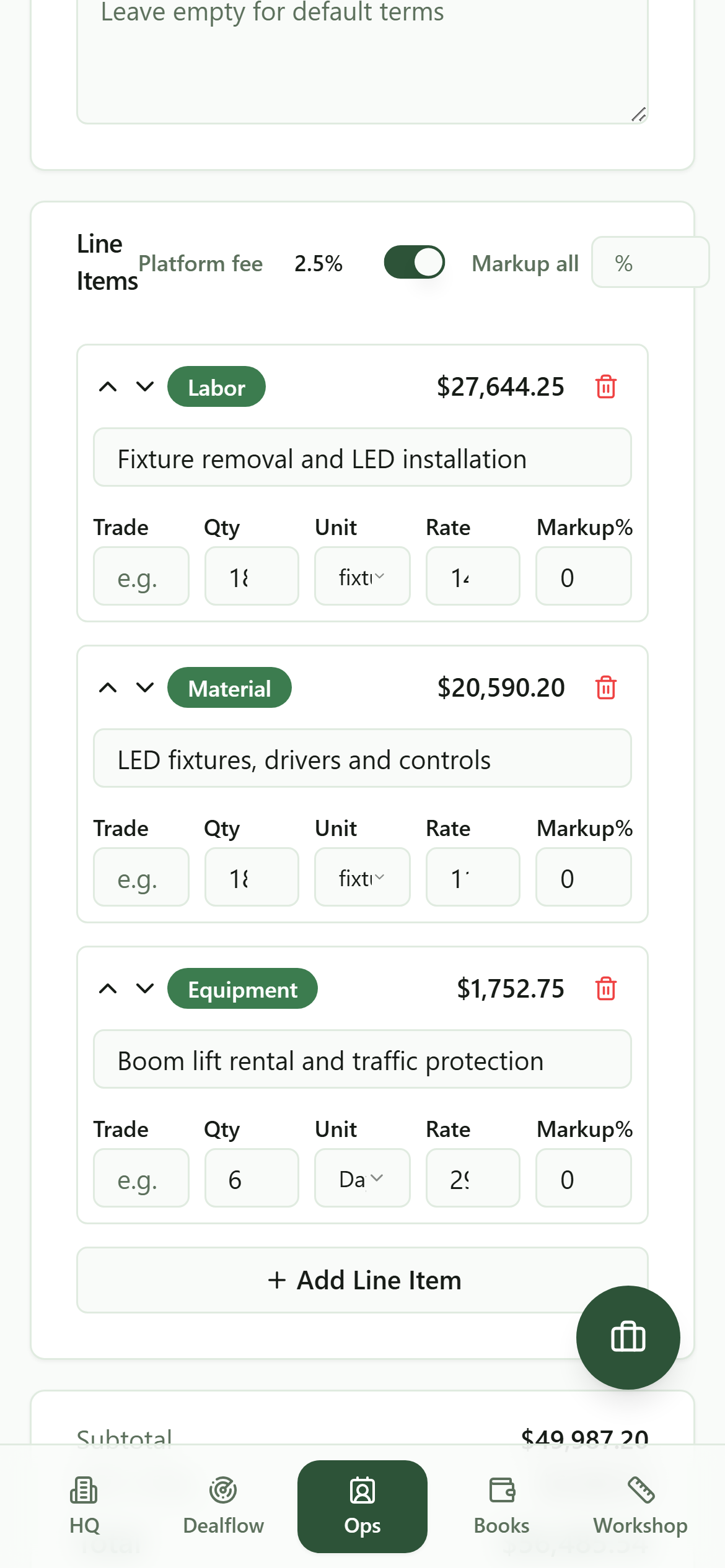 The quote builder on a phone, with each line item as a stacked card showing type, quantity, rate, and markup