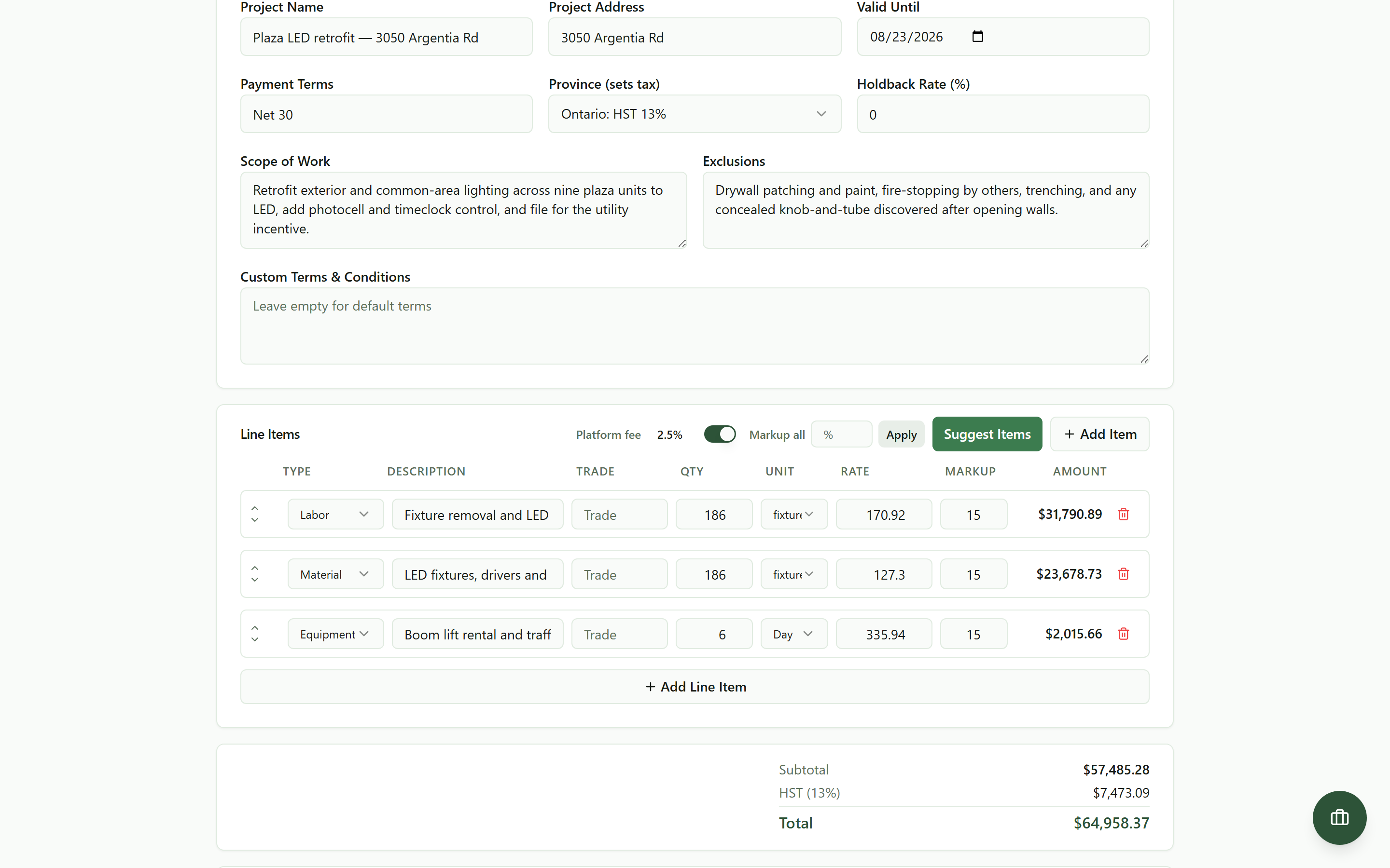 Fifteen percent markup applied to every line item at once, with the markup column filled in and the amounts and totals recomputed
