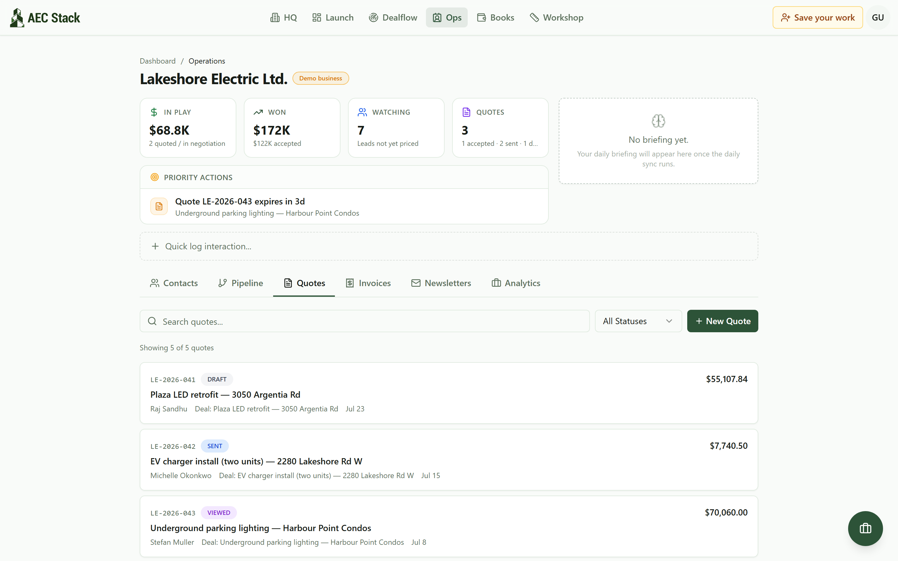 The Quotes tab of a demo electrical business: draft, sent, and viewed quotes with dollar values, and a priority nudge that one quote expires in three days