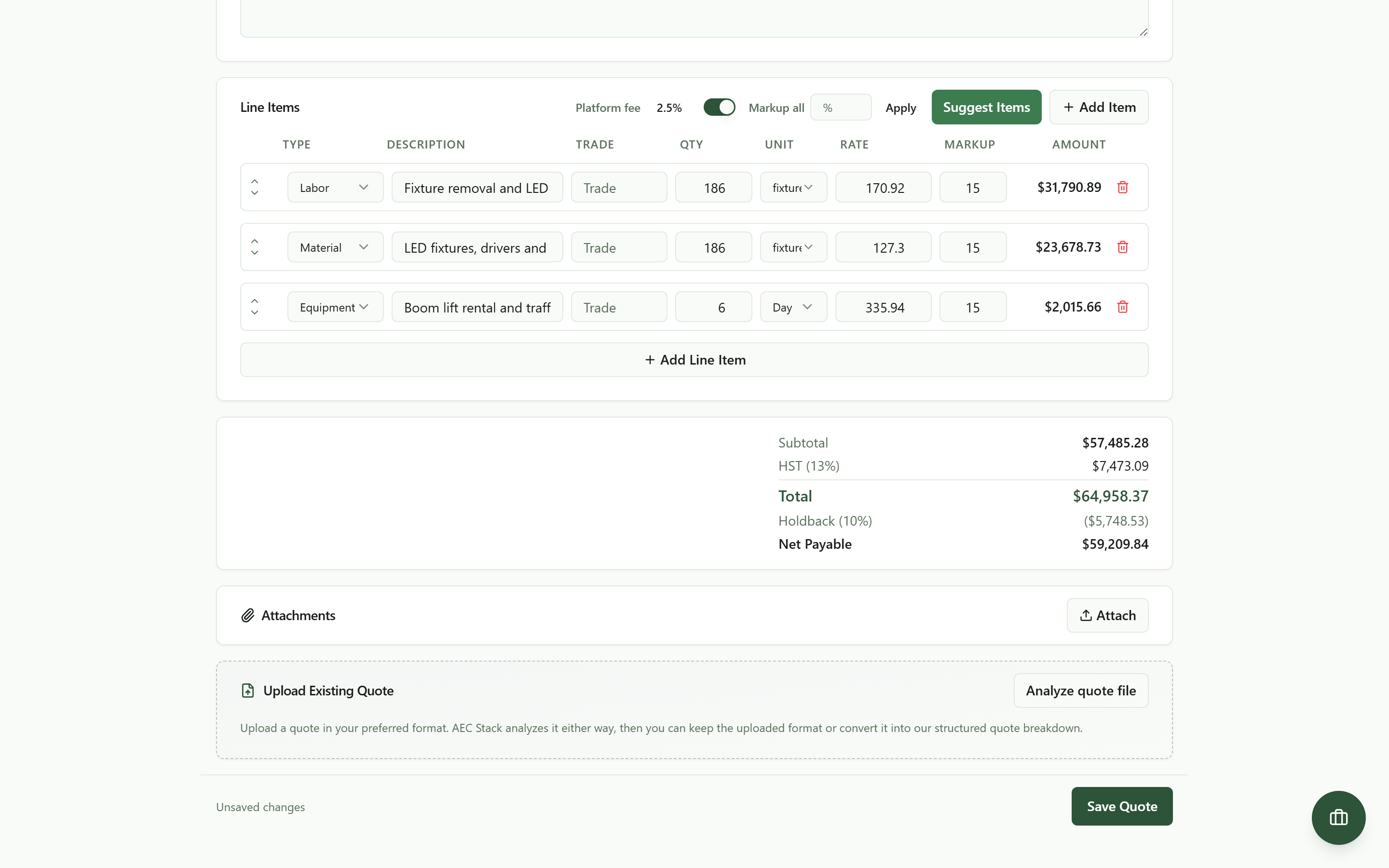 The quote totals card with Ontario HST calculated automatically and a 10 percent holdback split out to show net payable