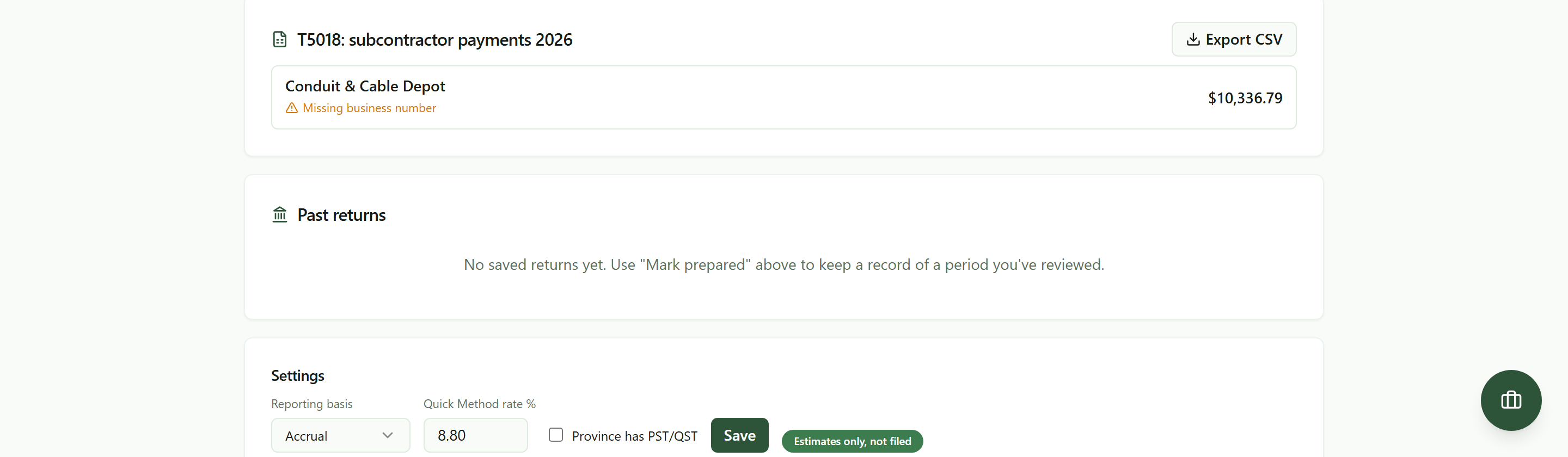 The T5018 subcontractor payments section for 2026 listing one supplier at $10,336.79 with an amber warning that its business number is missing, and an Export CSV button