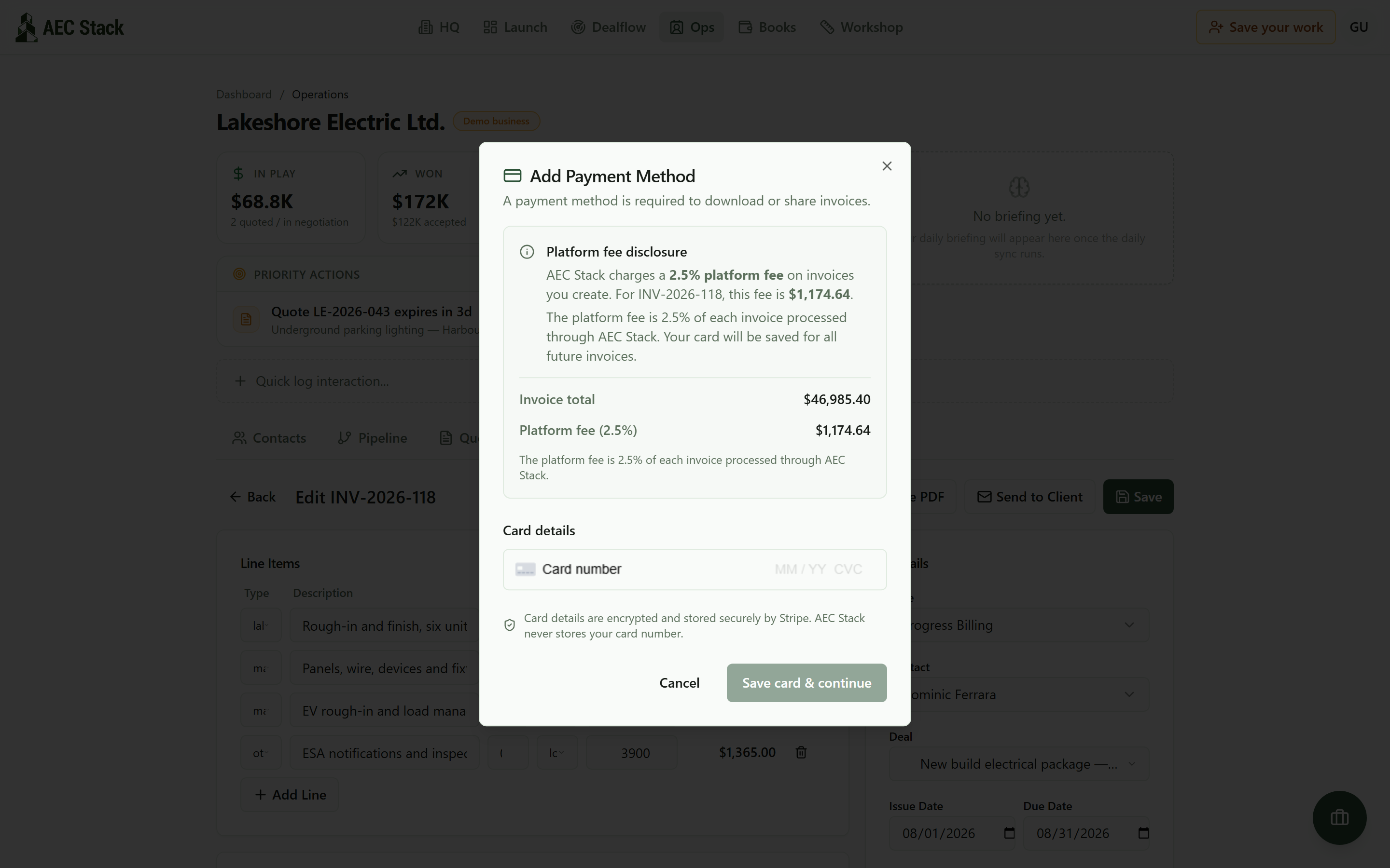 The add payment method dialog with a commercial disclosure and the Stripe card field