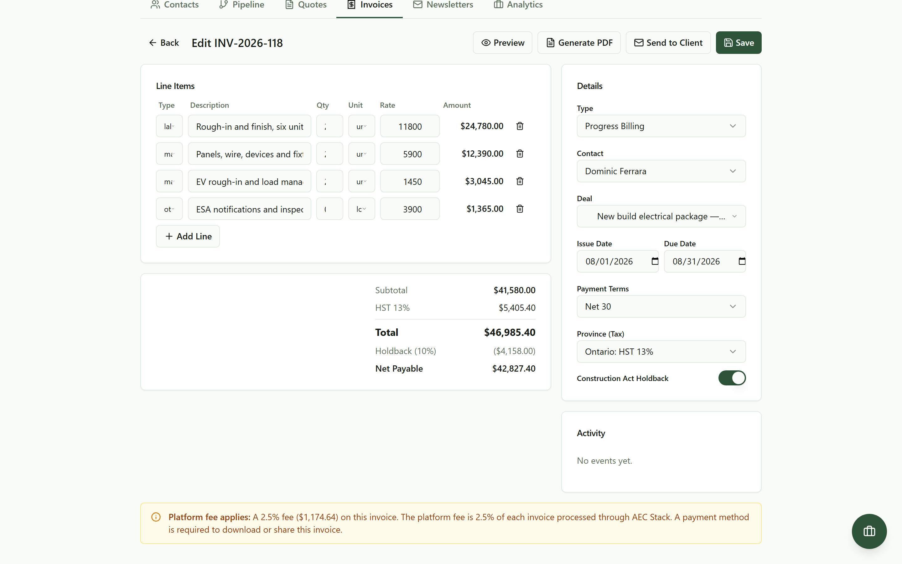 Invoice totals with HST at 13 percent, the 10 percent holdback line, and Net Payable, beside payment terms and the holdback toggle