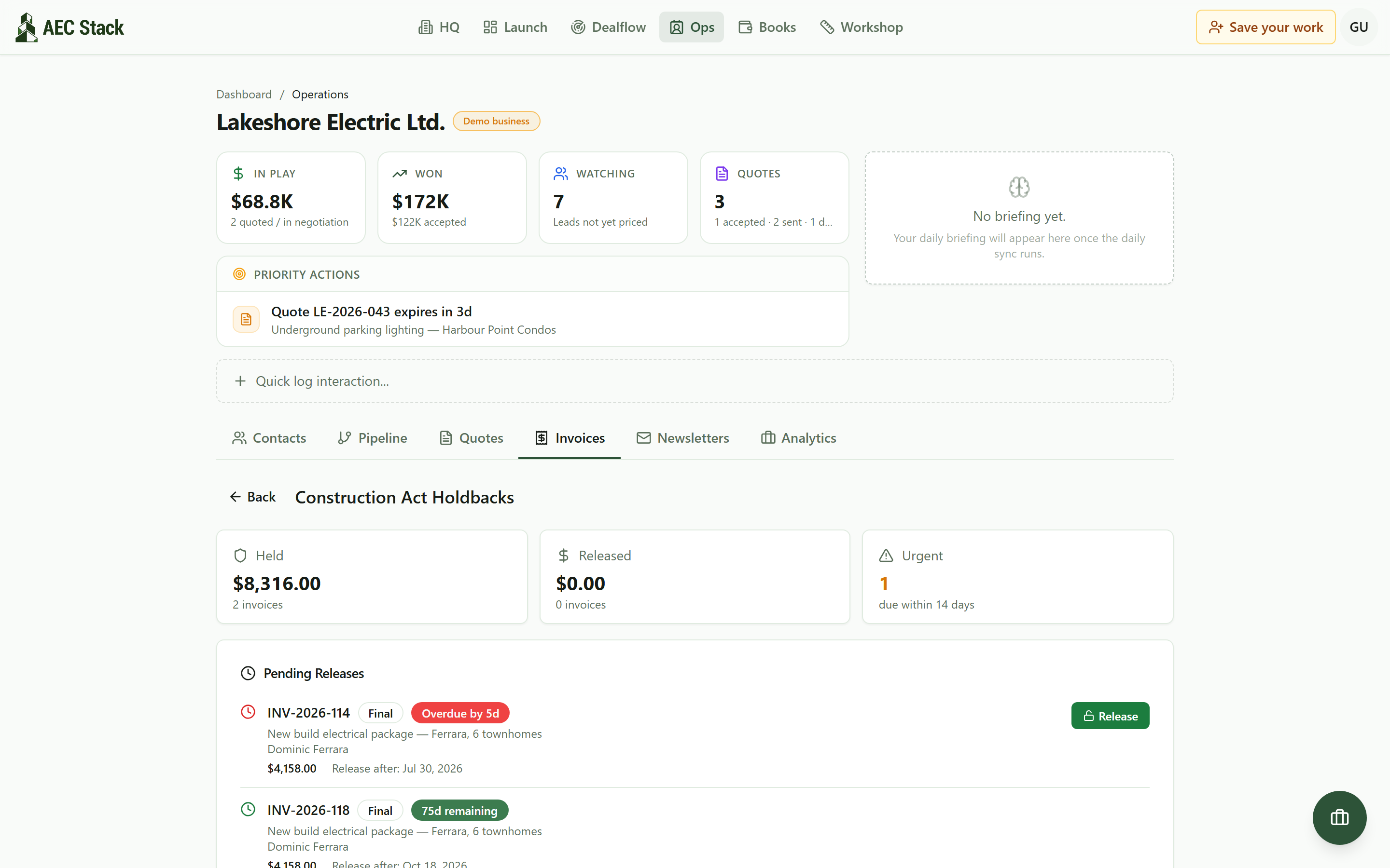 The Construction Act holdbacks tracker with dollars held, dollars released, and pending releases with countdowns