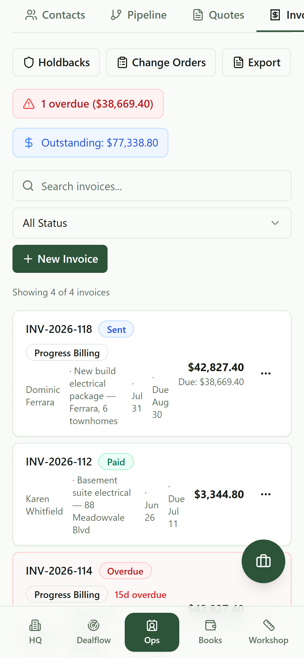 The invoice list on a phone with the overdue banner above the invoice cards