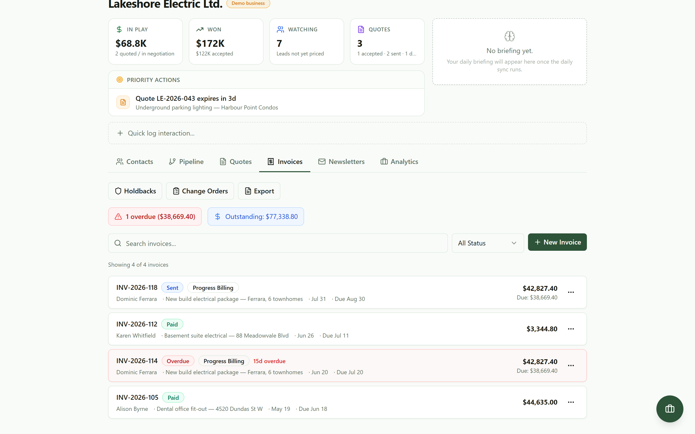 The invoice list of a demo electrical business with an overdue banner, outstanding total, and sent, paid, and overdue invoices