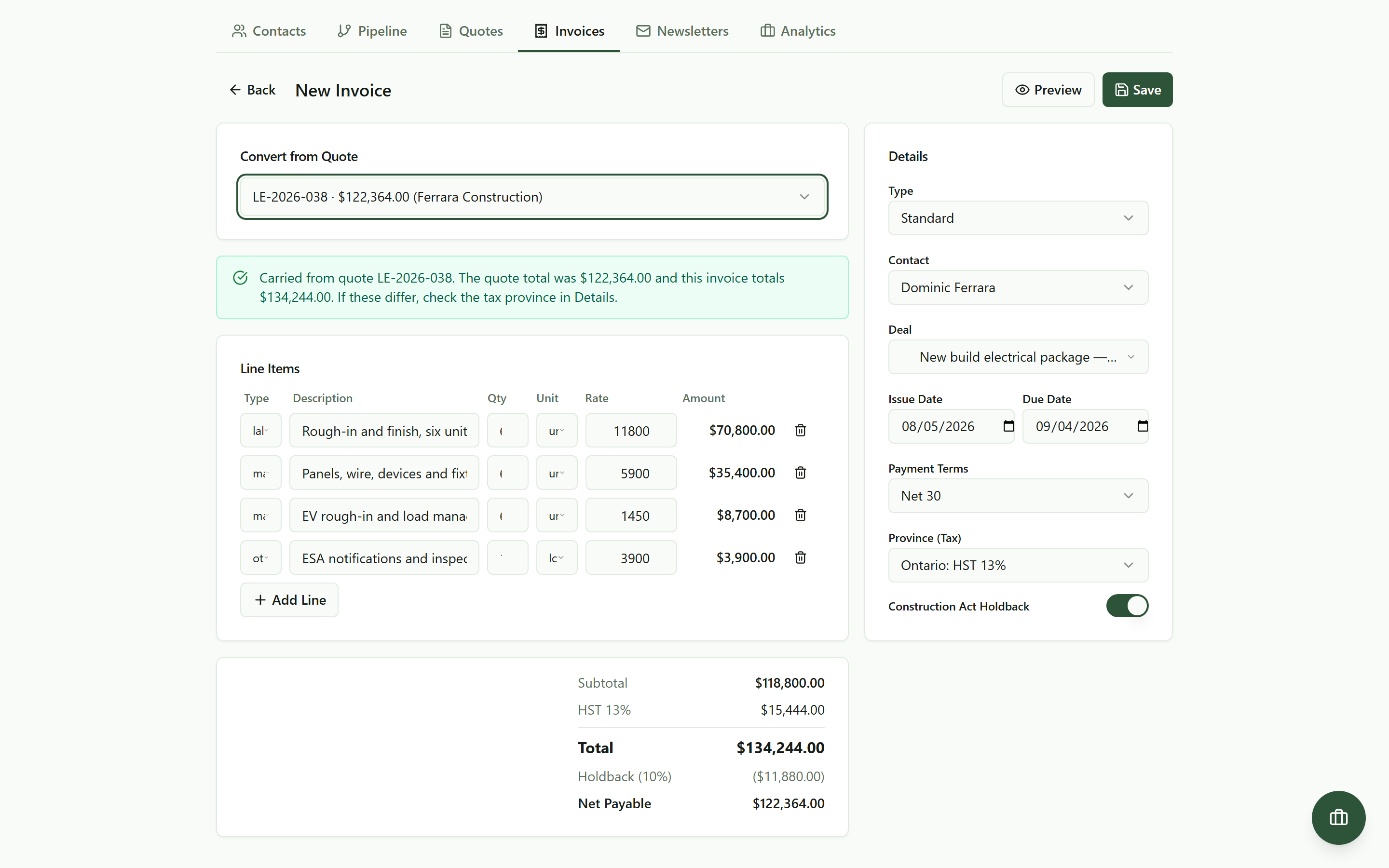 The invoice builder after converting an accepted quote: imported line items and a banner naming the quote number and totals