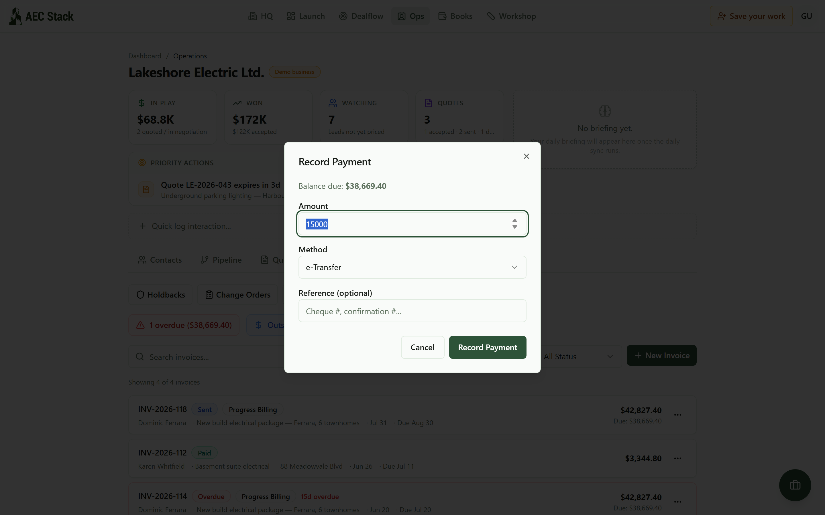 The record payment dialog on an overdue invoice with the balance due shown and a partial amount entered