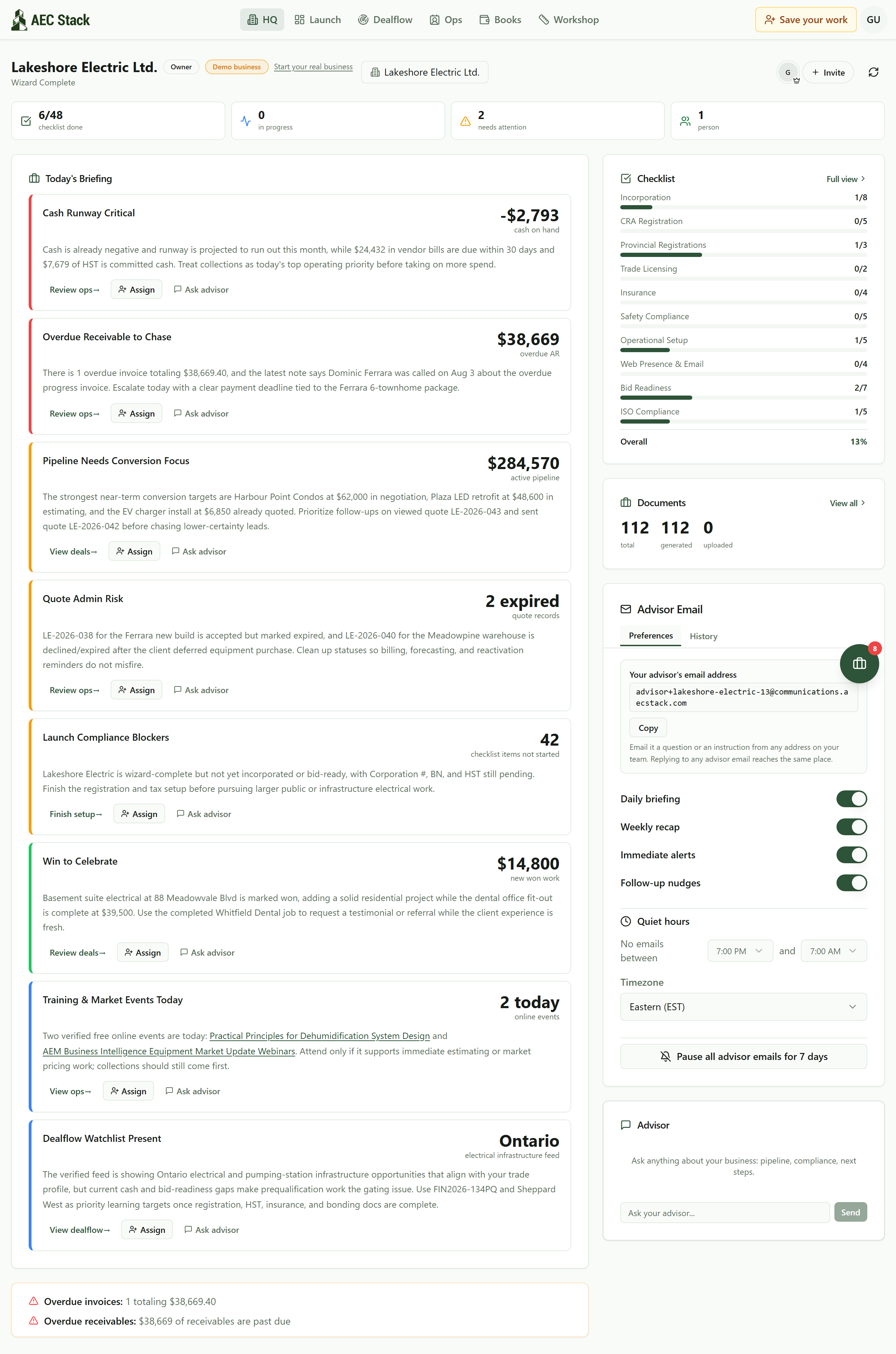 The whole HQ screen: eight briefing cards down the left covering cash, overdue receivables, pipeline, expired quotes, setup blockers, a won job, two training events today and the dealflow watchlist; down the right a setup checklist at 13 percent, a document count, the advisor email address with its on and off switches and quiet hours, and an Ask your advisor box; and along the bottom an alerts strip showing overdue invoices and overdue receivables
