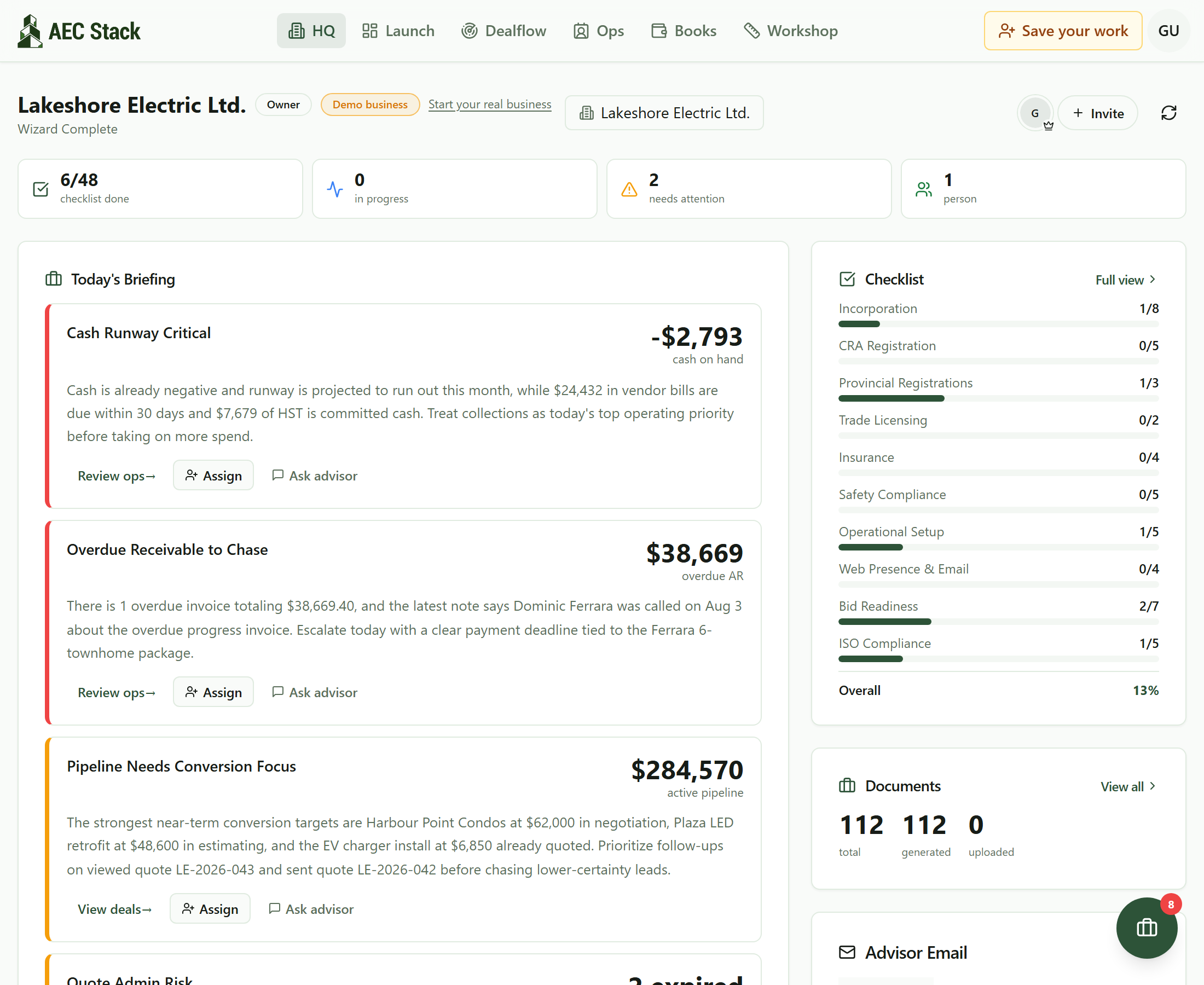 The Today's Briefing panel on the HQ home screen: a red Cash Runway Critical card reading minus $2,793 cash on hand with $24,432 of vendor bills due within 30 days, a red Overdue Receivable to Chase card for $38,669 naming the client and the date he was last called, and an amber Pipeline Needs Conversion Focus card for $284,570 naming the three closest jobs; each card has Review, Assign and Ask advisor beneath it