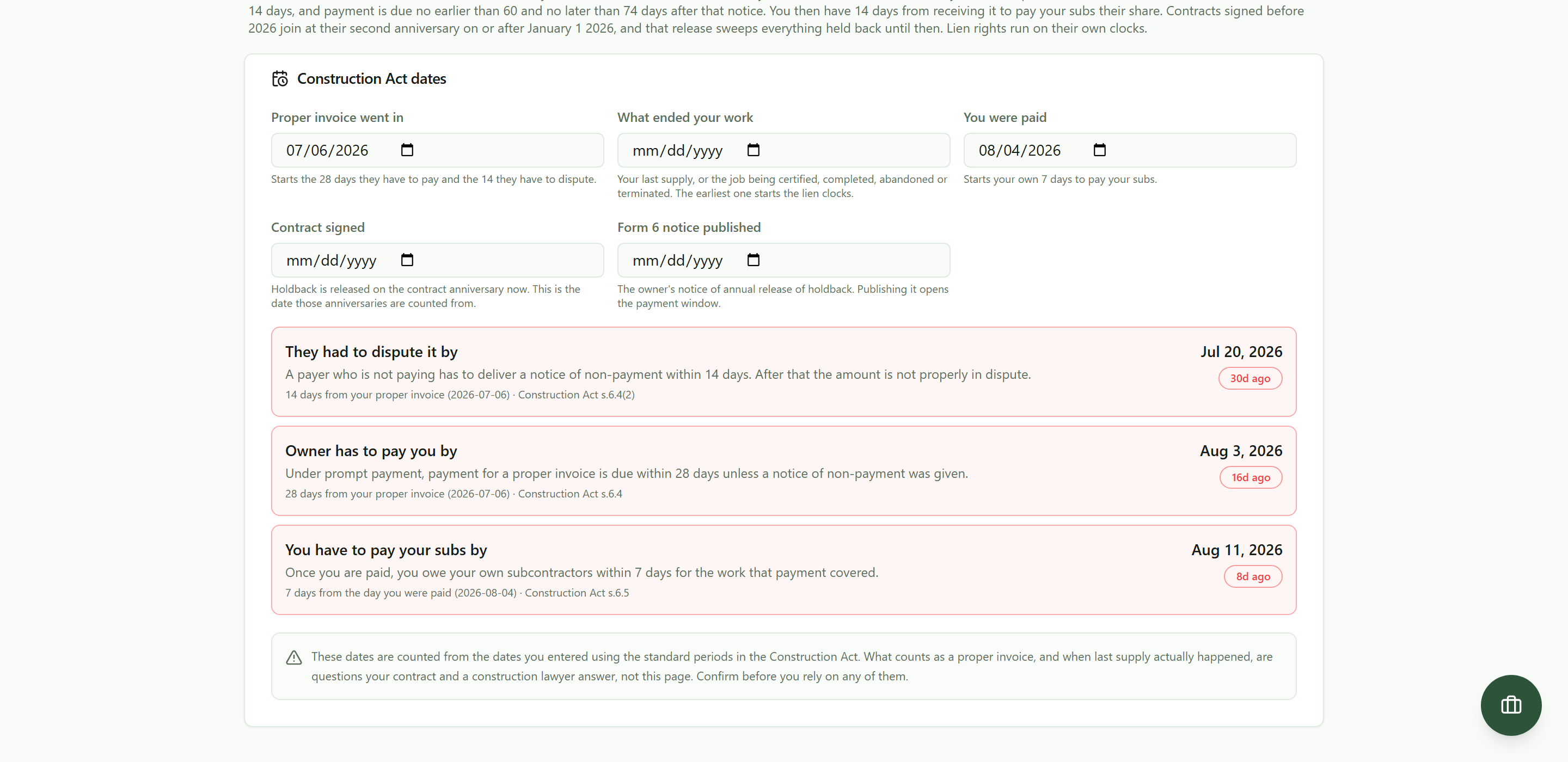 Three deadlines computed from a proper invoice dated July 6 2026 and a payment received August 4 2026: they had to dispute it by July 20 2026, the owner had to pay by August 3 2026, and you have to pay your subs by August 11 2026, each carrying the section of the Act it comes from