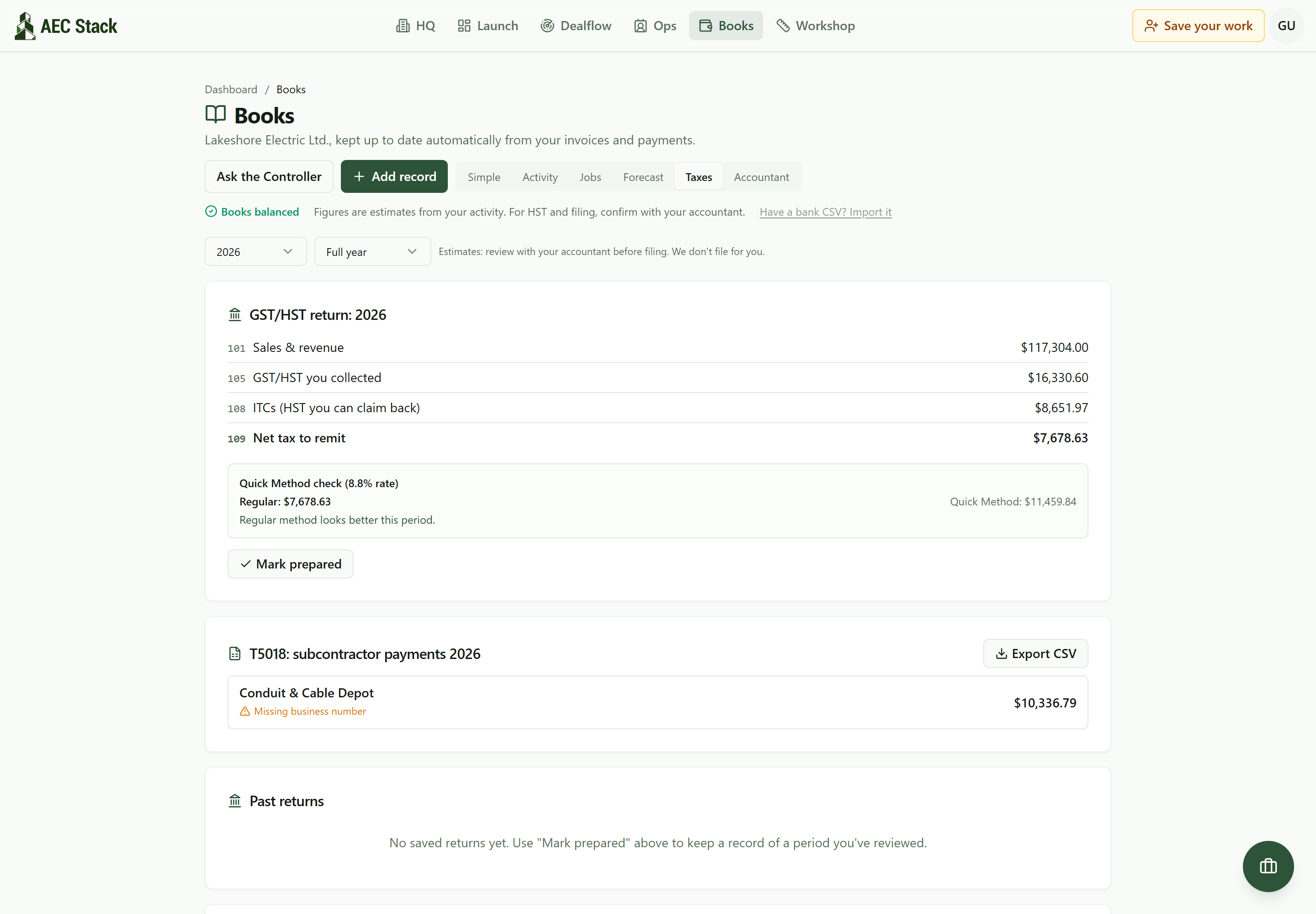 The Taxes view in Books: the GST/HST return for 2026 with line 101 sales of $117,304.00 and line 109 net tax to remit of $7,678.63, and below it the T5018 subcontractor payments panel listing Conduit & Cable Depot at $10,336.79 with a missing business number warning and an Export CSV button