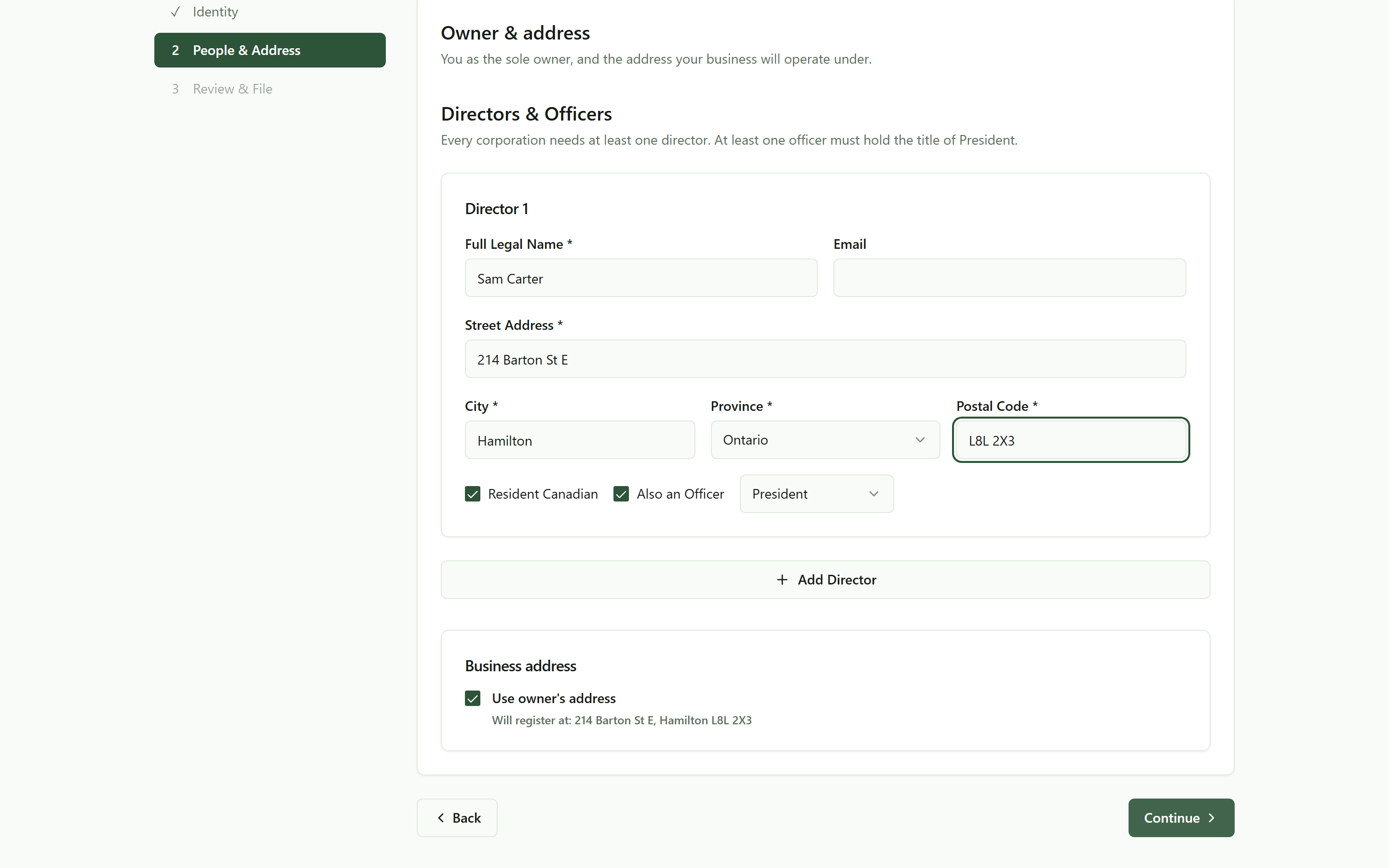 Step 2 of the sole proprietorship path: one person with a name and address, the business address defaulting to the owner's address, and no share classes or shareholders anywhere