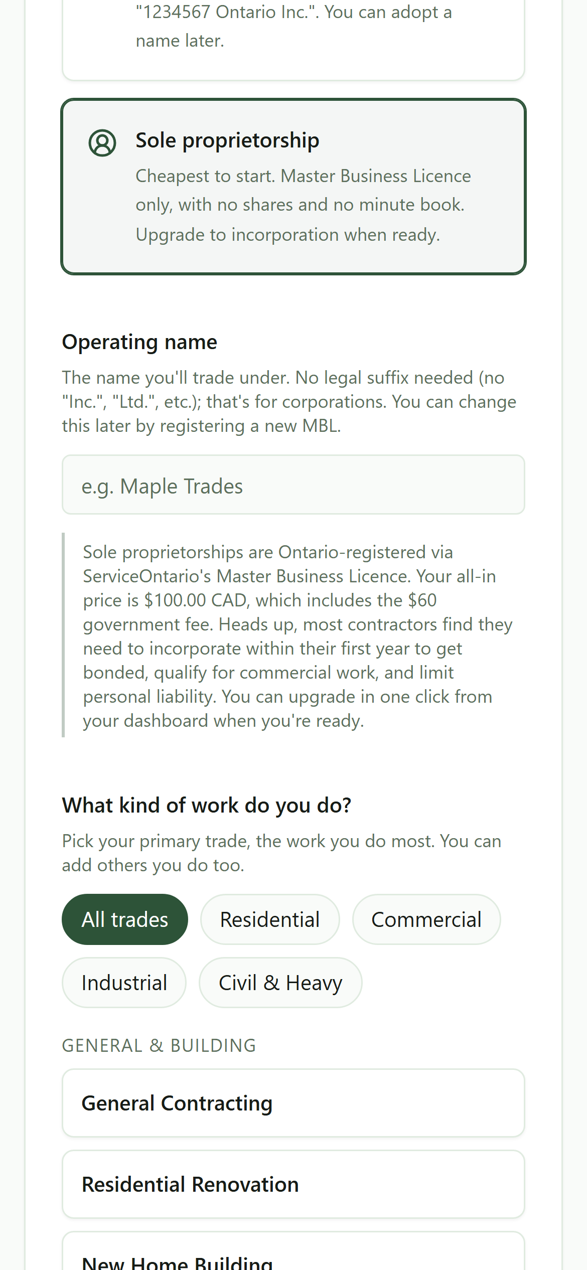 The sole proprietorship path of the wizard on a phone, showing the operating-name field