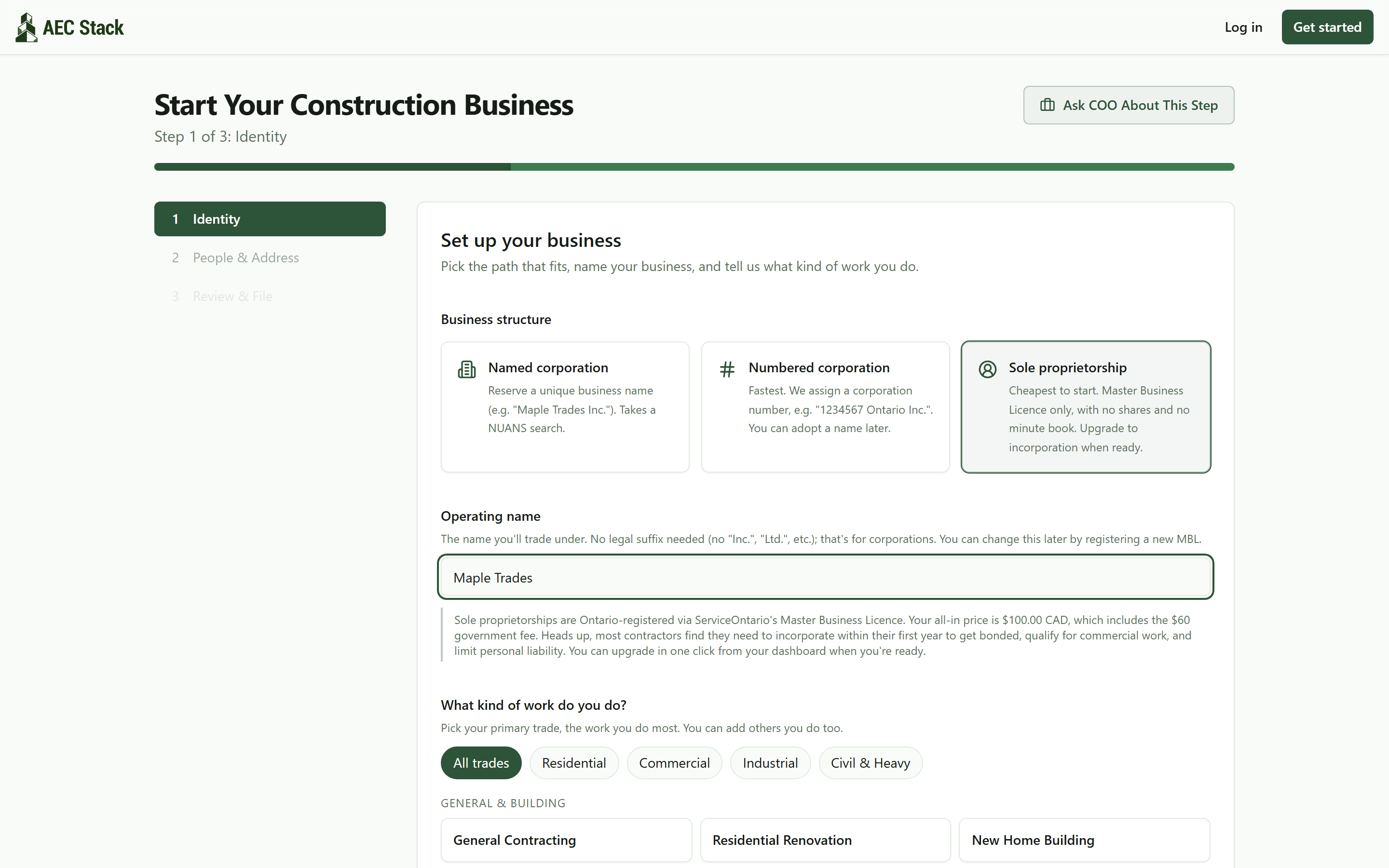 The sole proprietorship path selected in the wizard, with an operating-name field and no legal suffix required