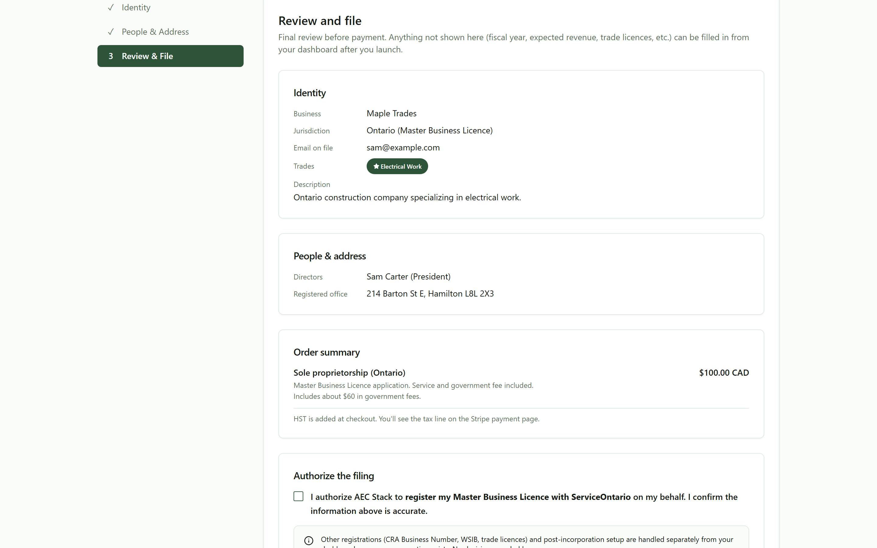 The sole proprietorship review step with an order summary and filing authorization